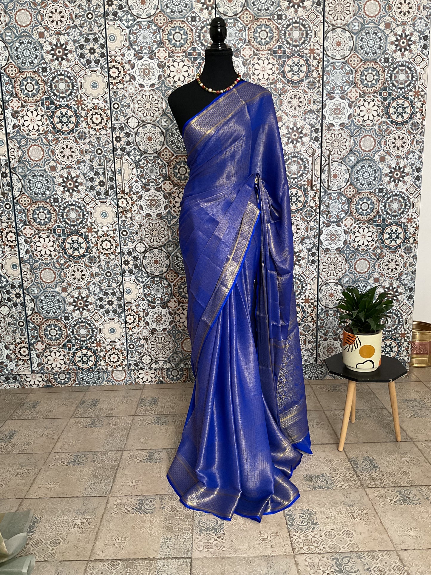 Royal blue crepe saree