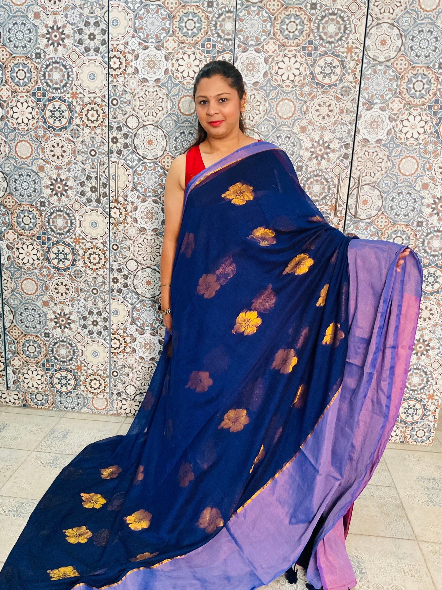 Mul cotton saree(Navy Blue)