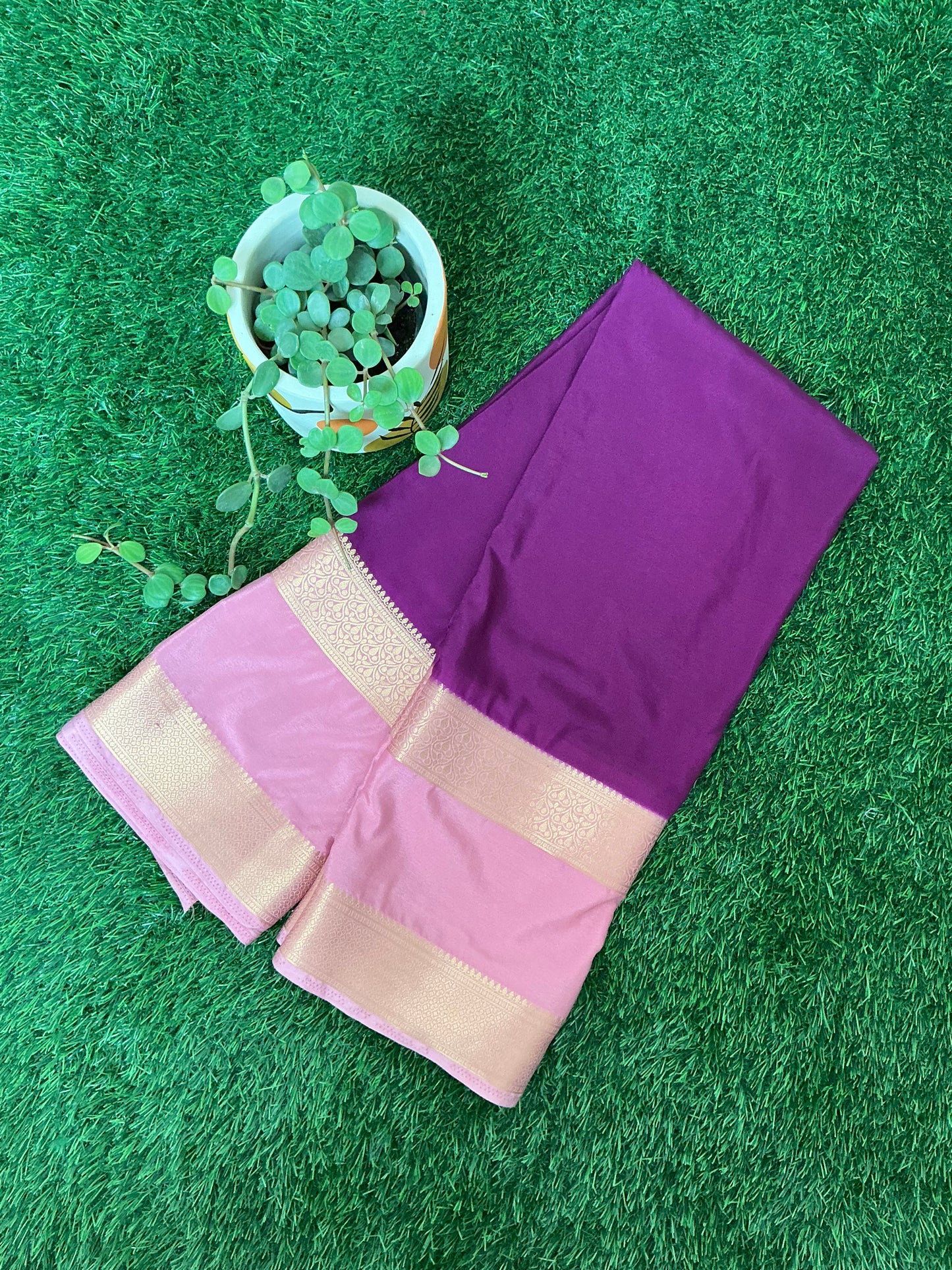 Semi-Mysore silk crepe saree(purple with pink)