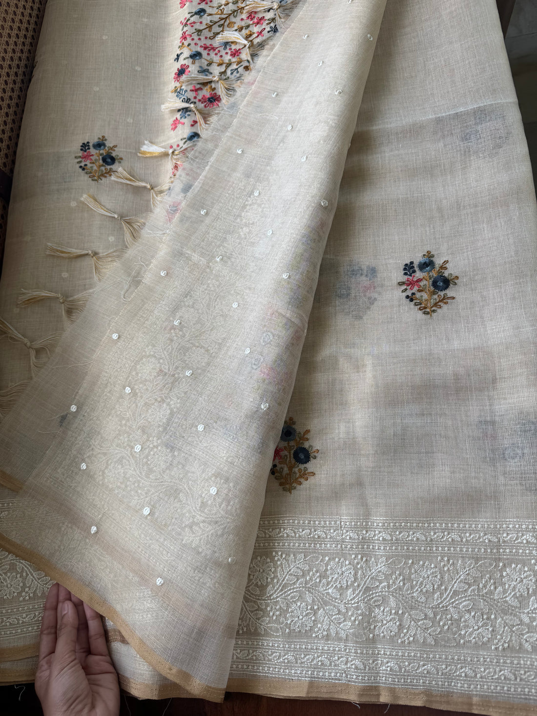 Premium Linen tissue saree- Half white & peacock blue