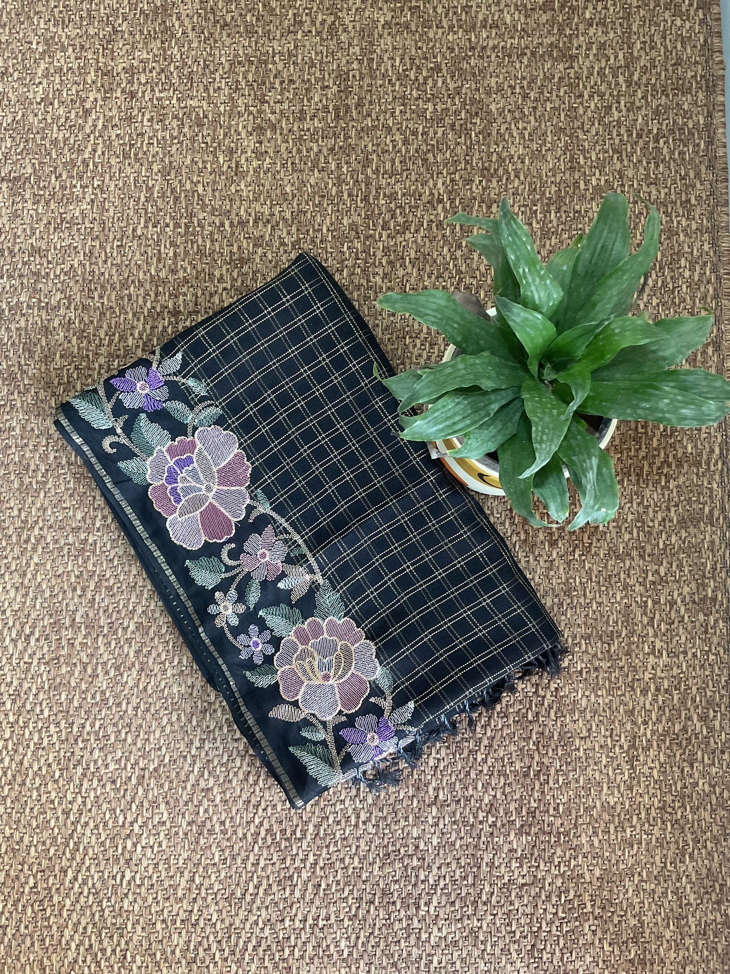 Fancy viscose saree-(Black Korean machine embroidery)