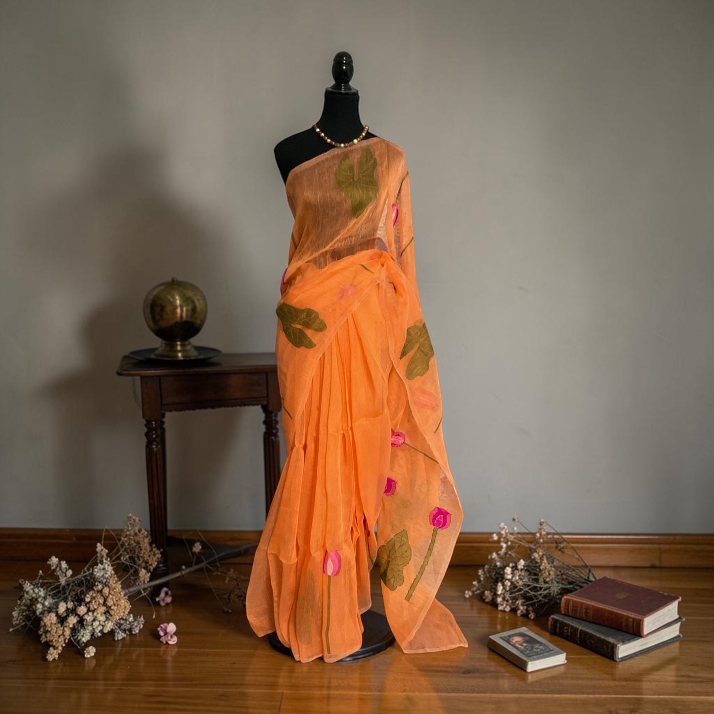 Pure Handoven muslin jamdani linen silk  saree(orange)