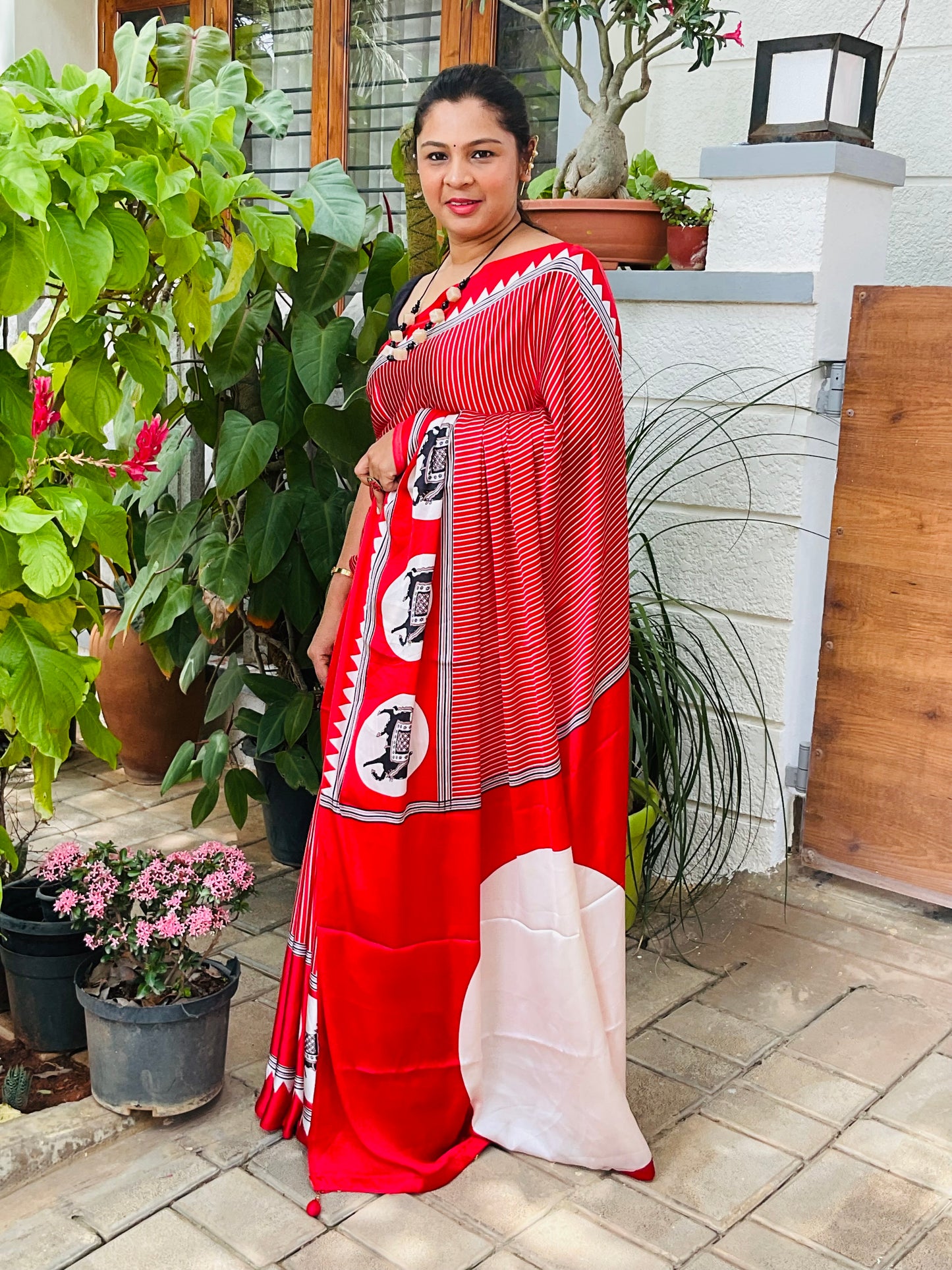Red Ajrakh Dola Silk Saree