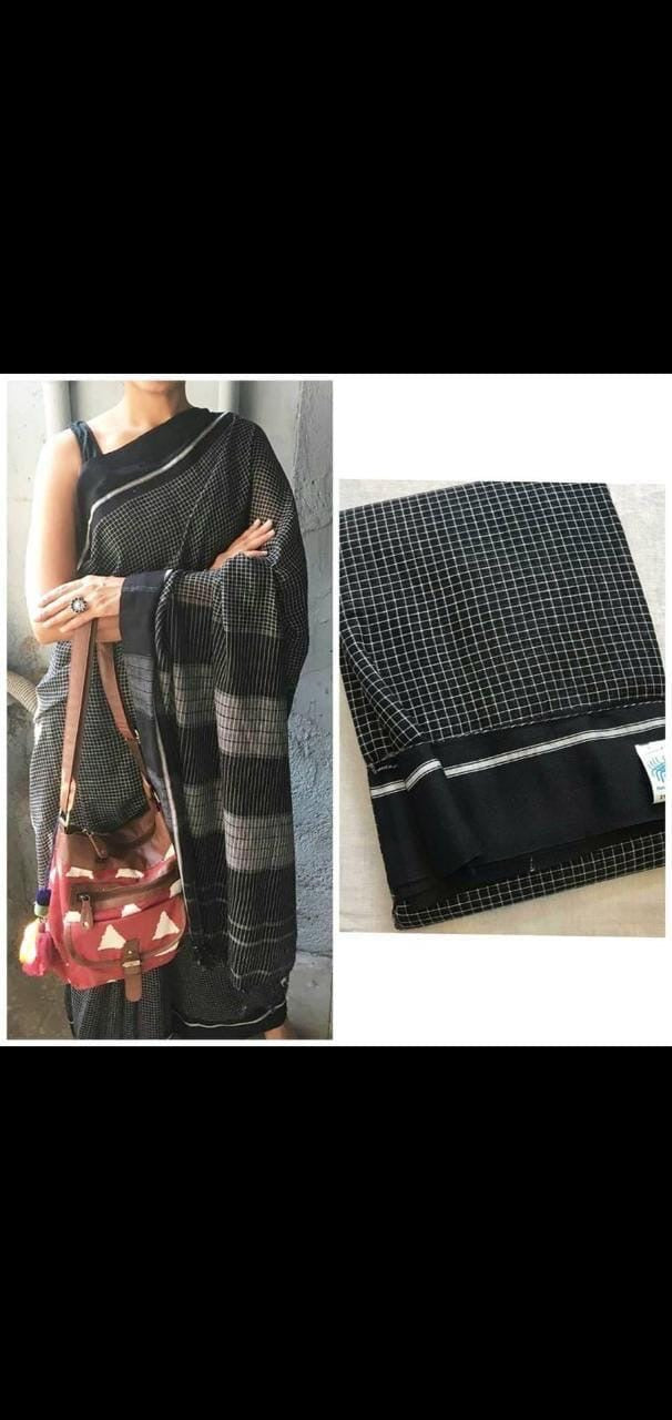 Black Checks Pattedanchu Cotton Saree
