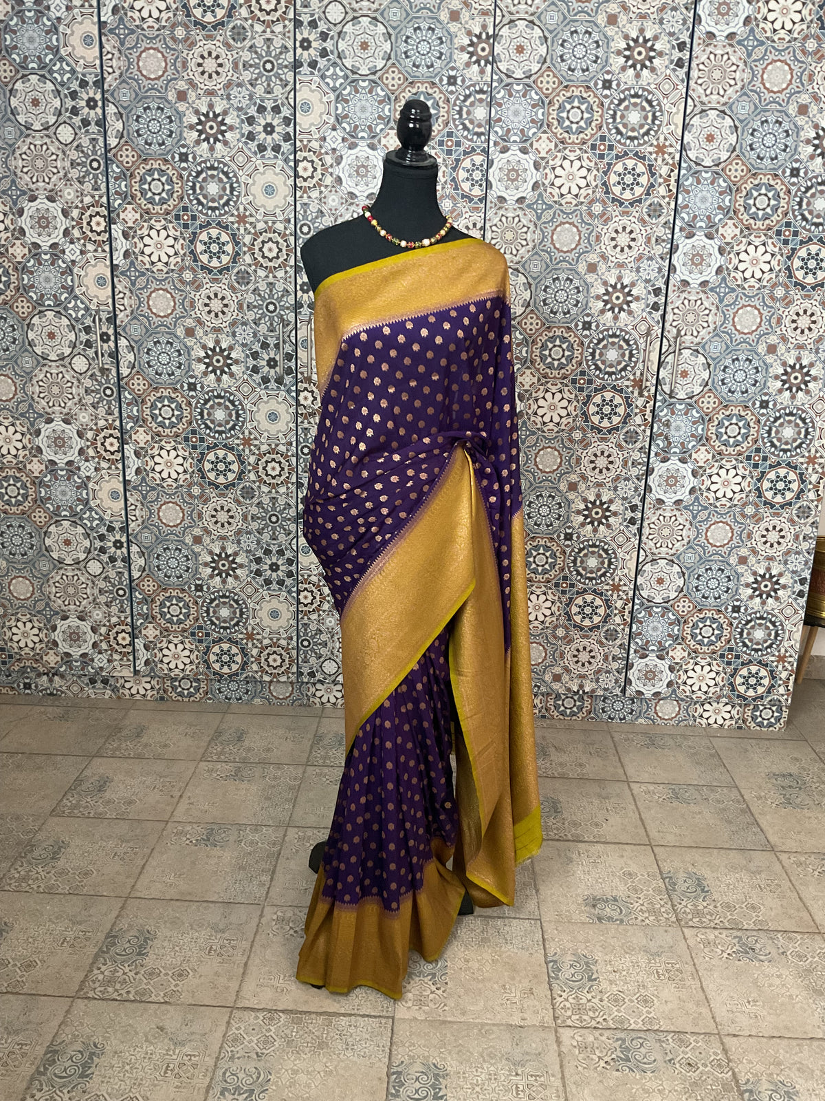 Banarasi crepe silk saree(Royal purple with gold sari border)