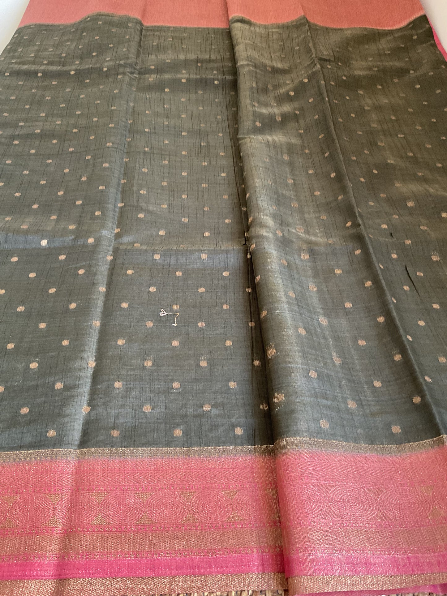 Tussar saree with Pink border (charcoal grey)