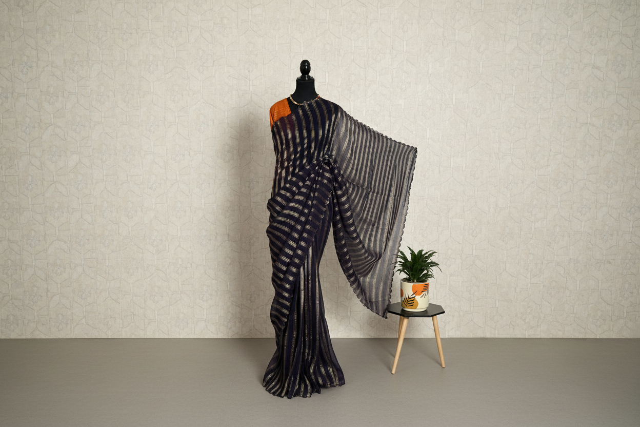 Organza Tissue saree(Navy blue)
