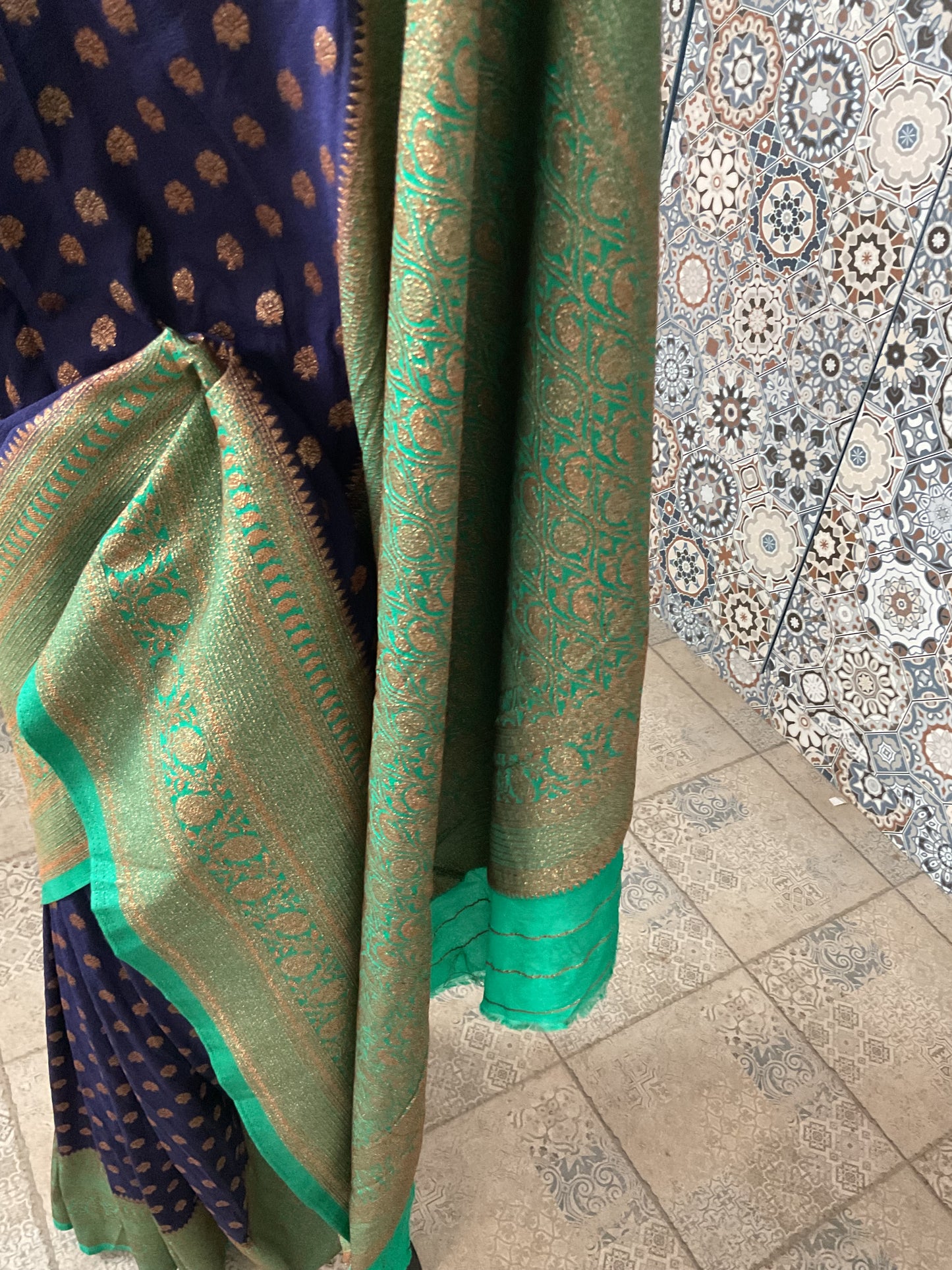 Banarasi crepe silk Saree (Navy blue with Mint Green Zari Border)