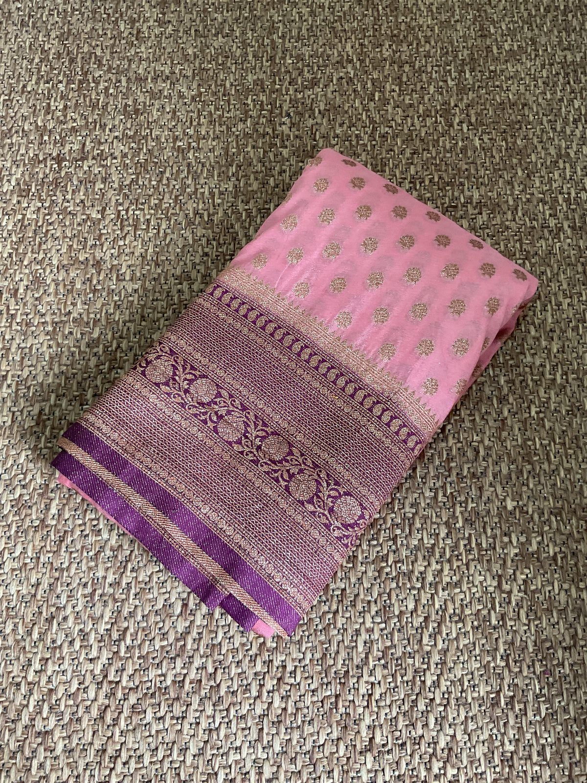 Banarasi crepe silk  saree(Onion pink with purple border)