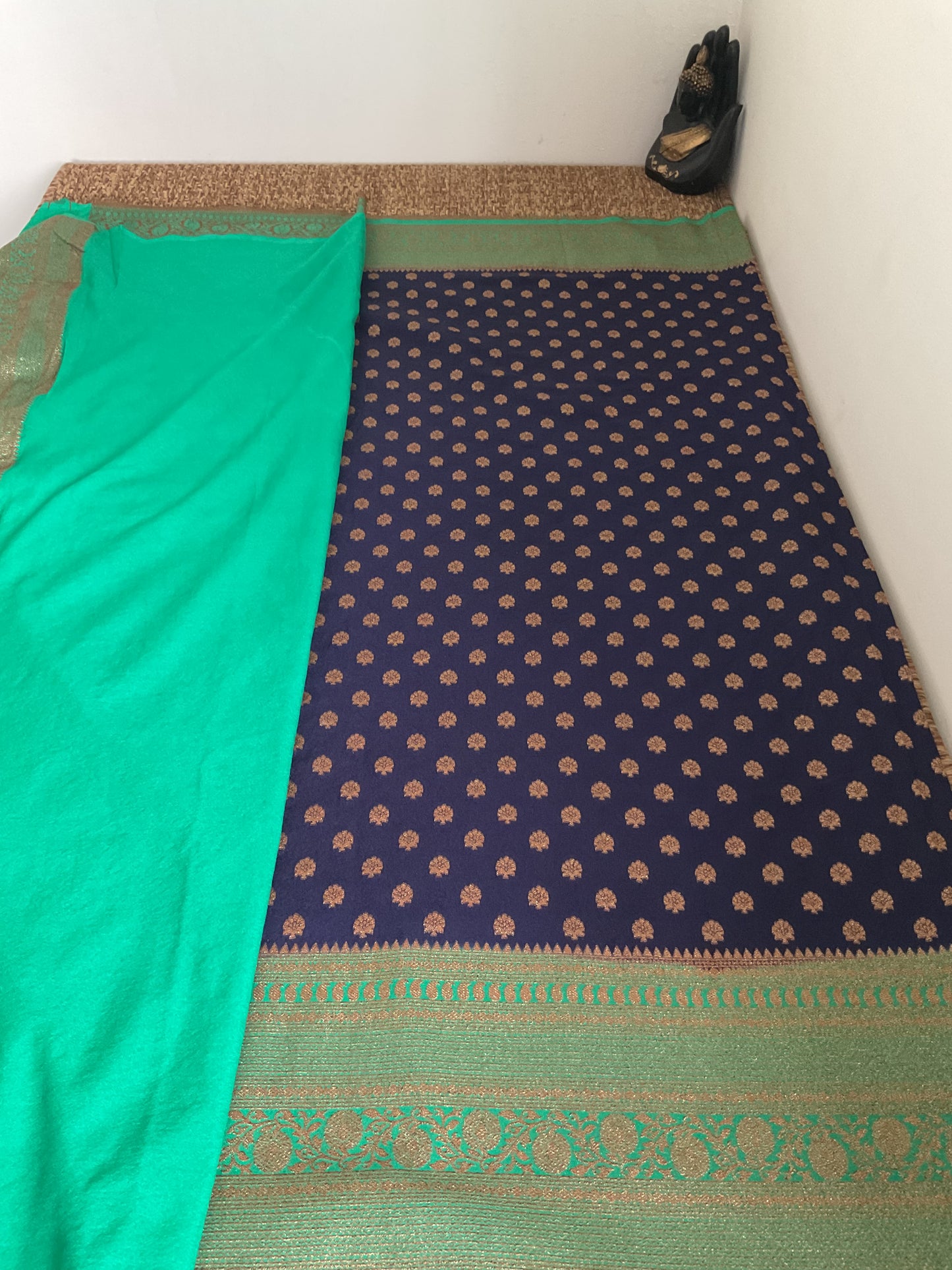 Banarasi crepe silk Saree (Navy blue with Mint Green Zari Border)
