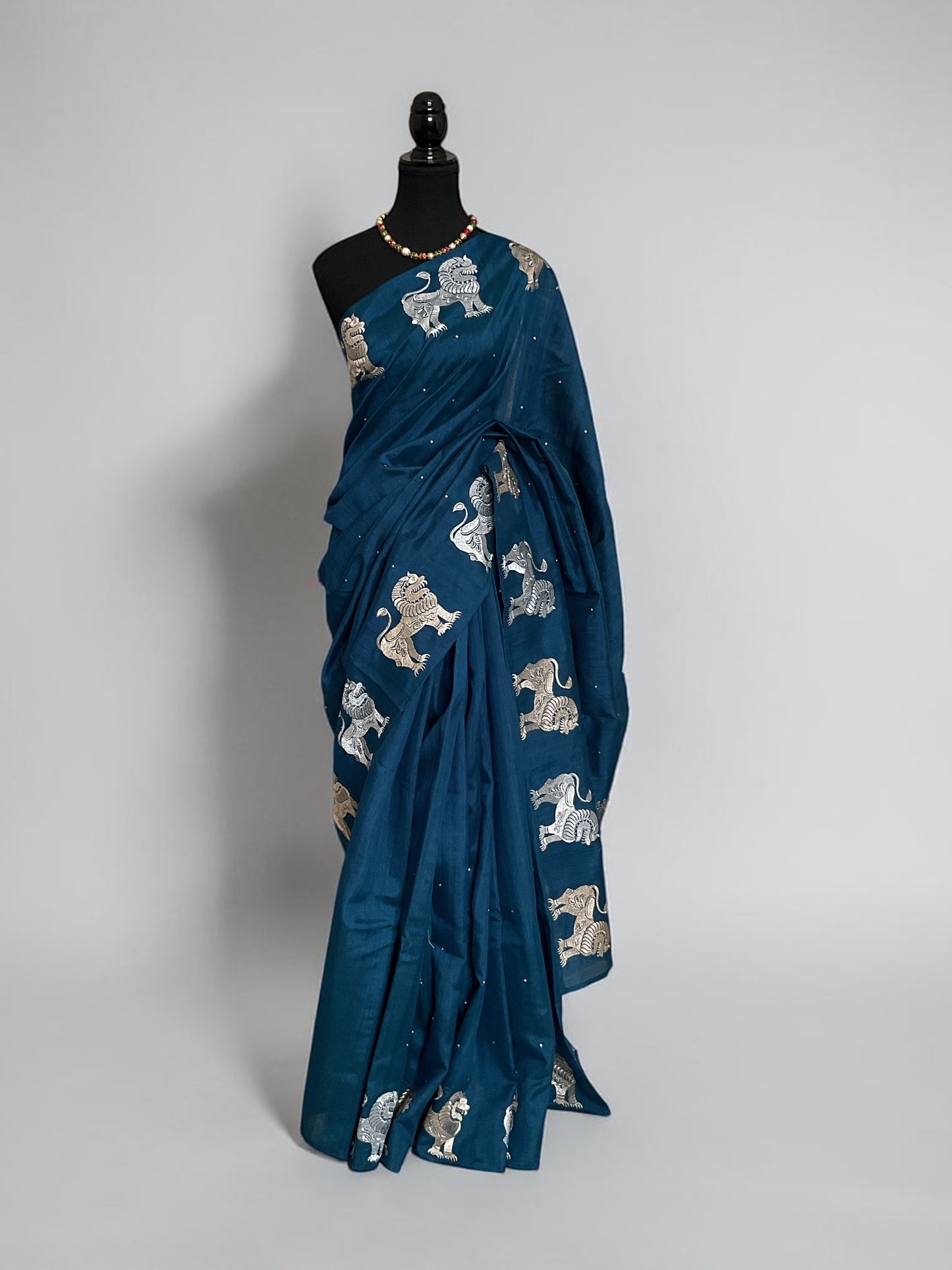 Tussar Lion motifs saree(Blue)