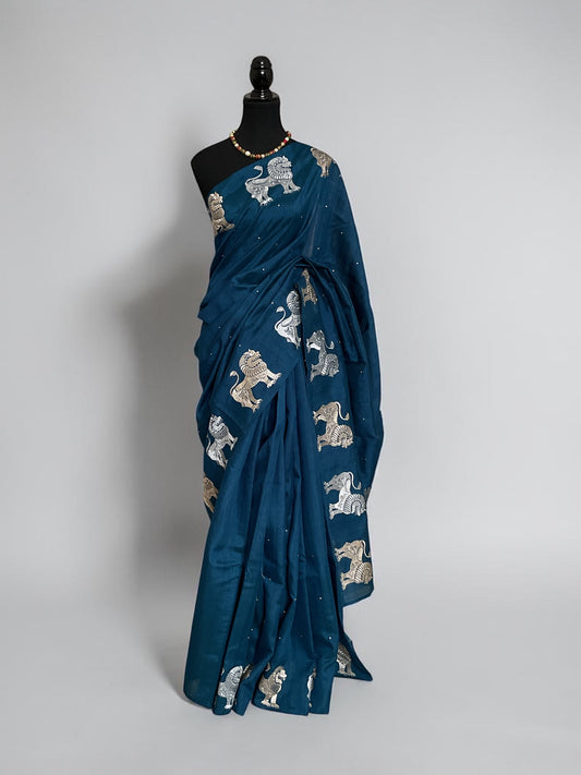 Tussar Lion motifs saree(Blue)