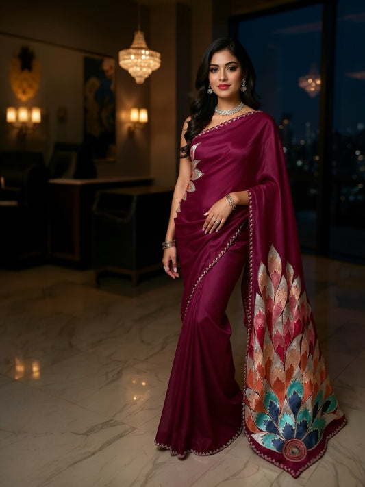 Designer Embroidered Organza Saree – (Wine Magenta)