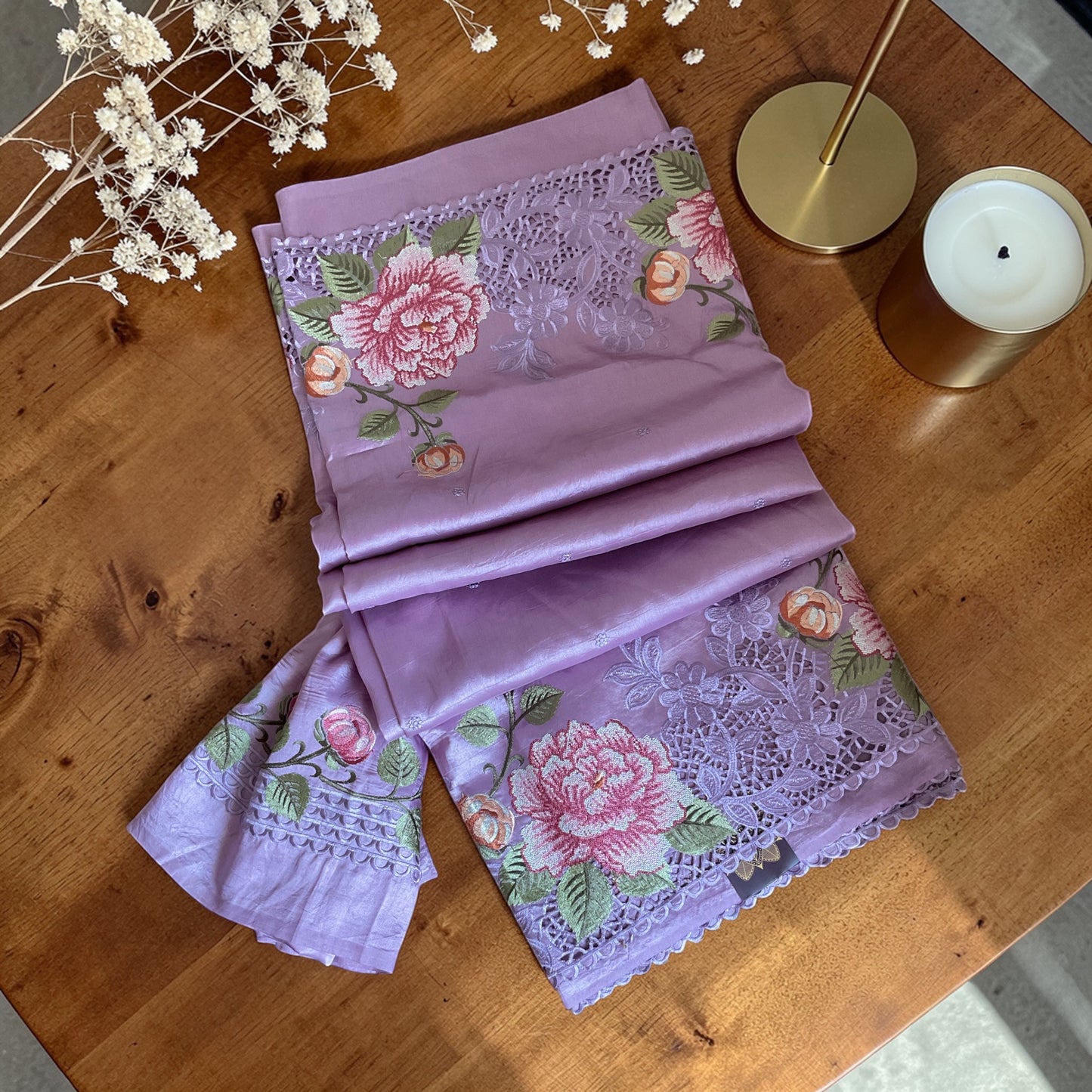 Pure Raw silk with Korean machine embroidery(Lavender)