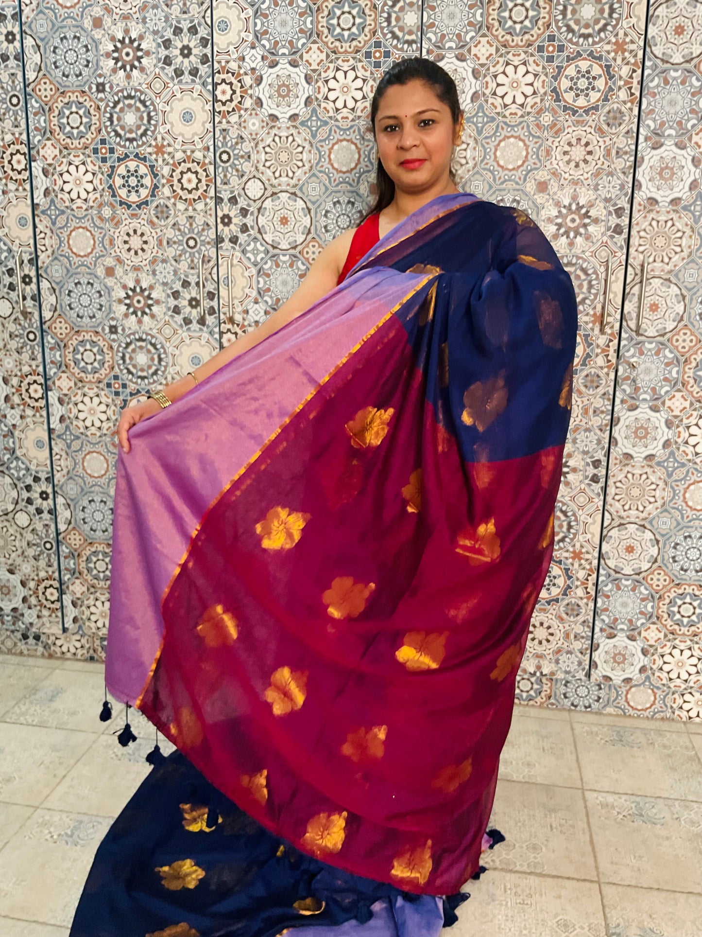 Mul cotton saree(Navy Blue)
