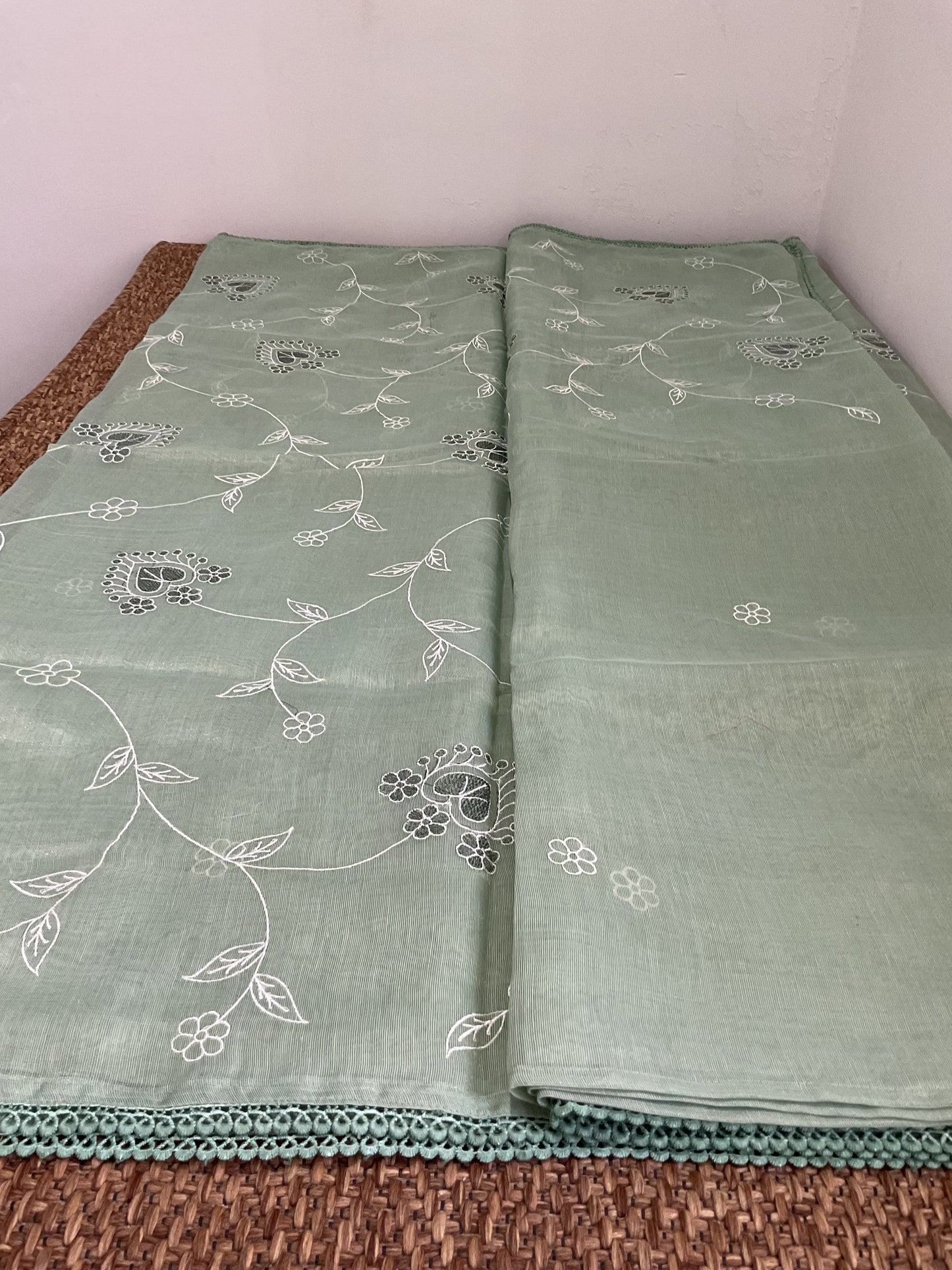 Fancy cotton Tissue saree with embroidery(Mint Green)