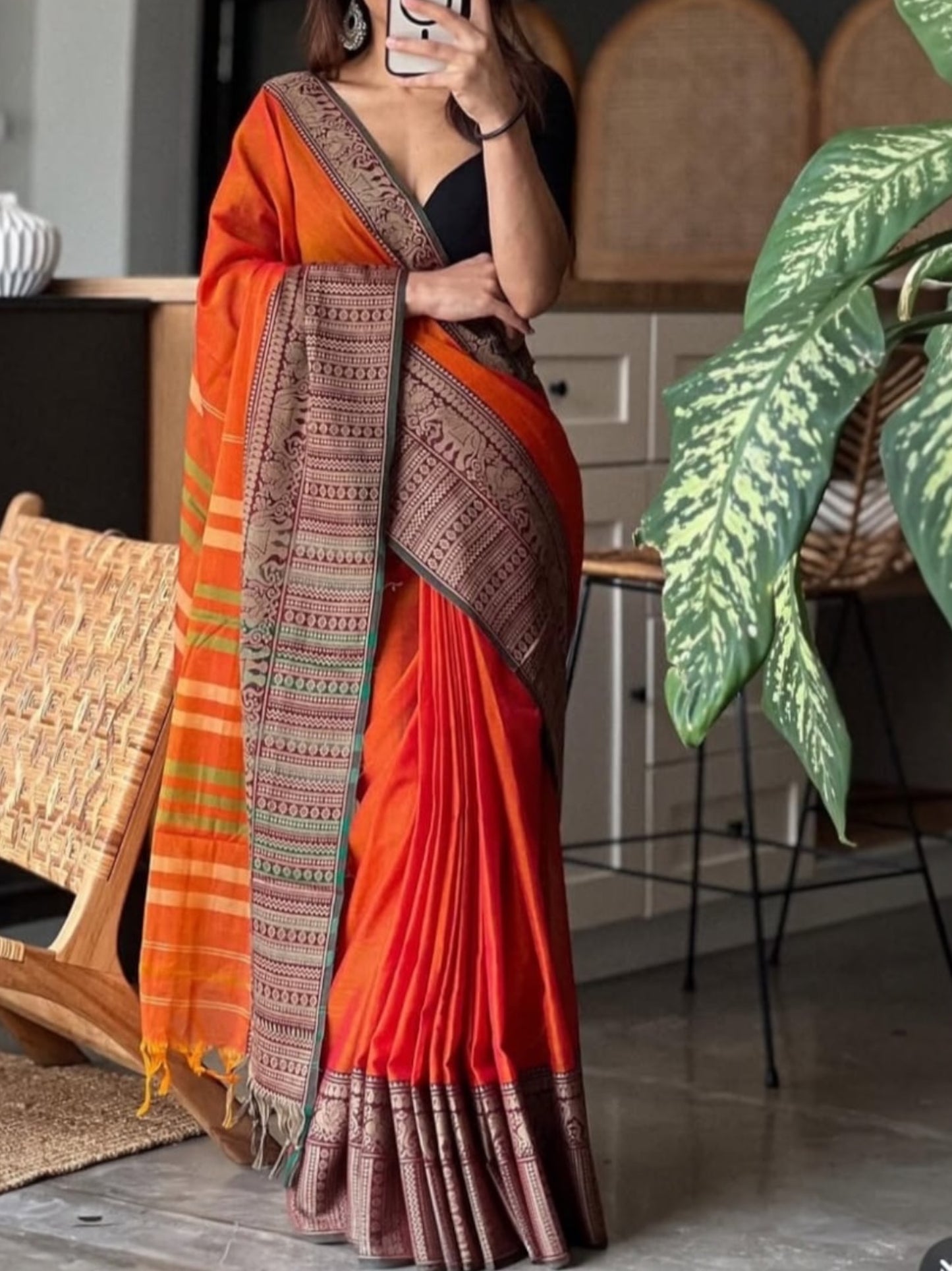 Narayanpet Saree with elephant border(orange)