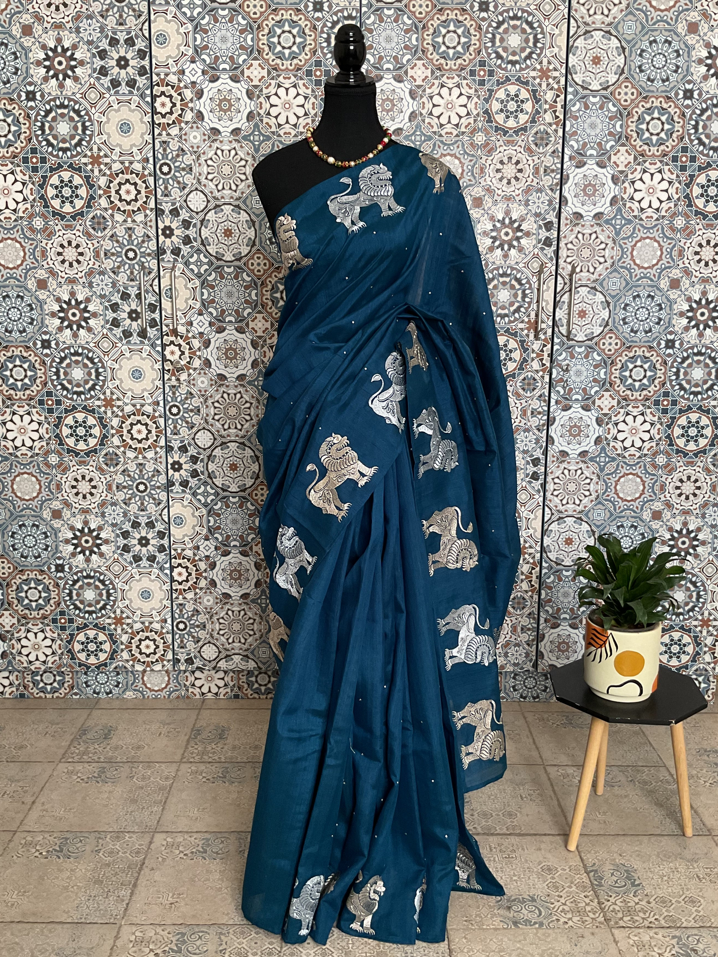 Tussar Blue saree(Lion motifs)
