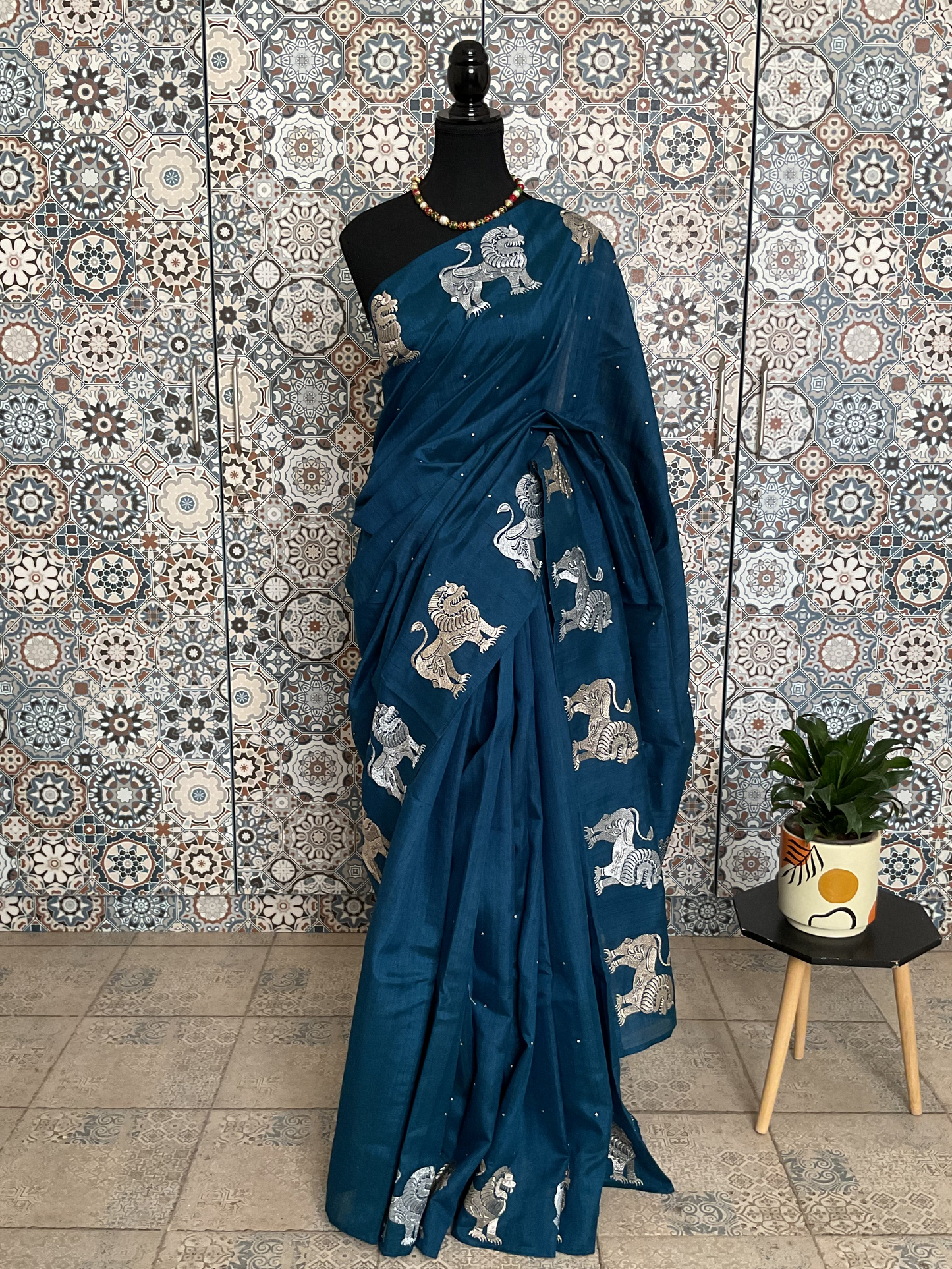 Tussar Blue saree(Lion motifs)
