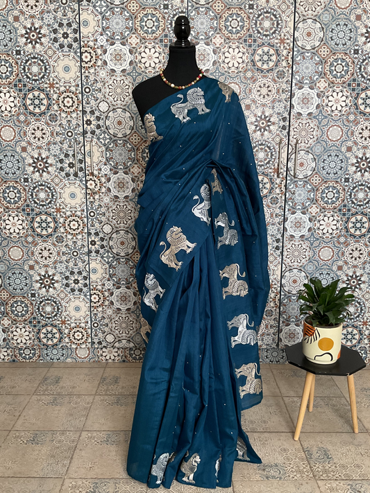 Tussar Blue saree(Lion motifs)