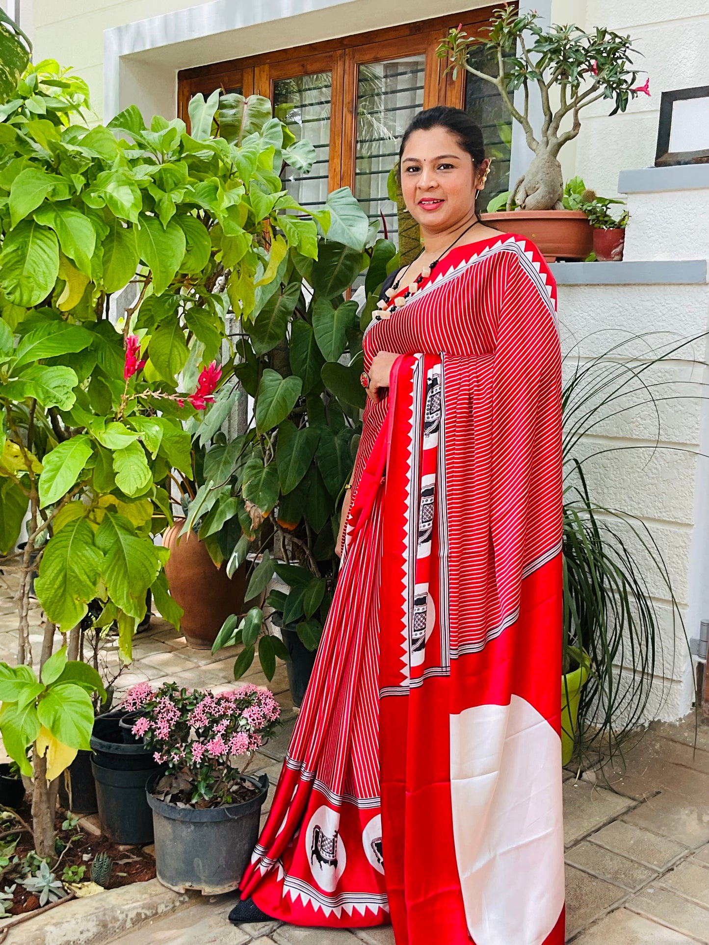 Red Ajrakh Dola Silk Saree