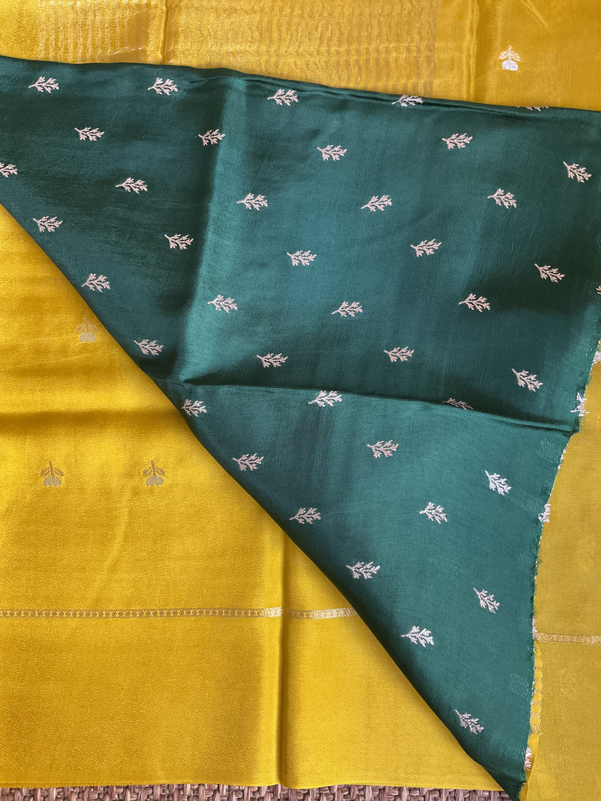 Viscose crepe saree- Mustard yellow & green with floral butta