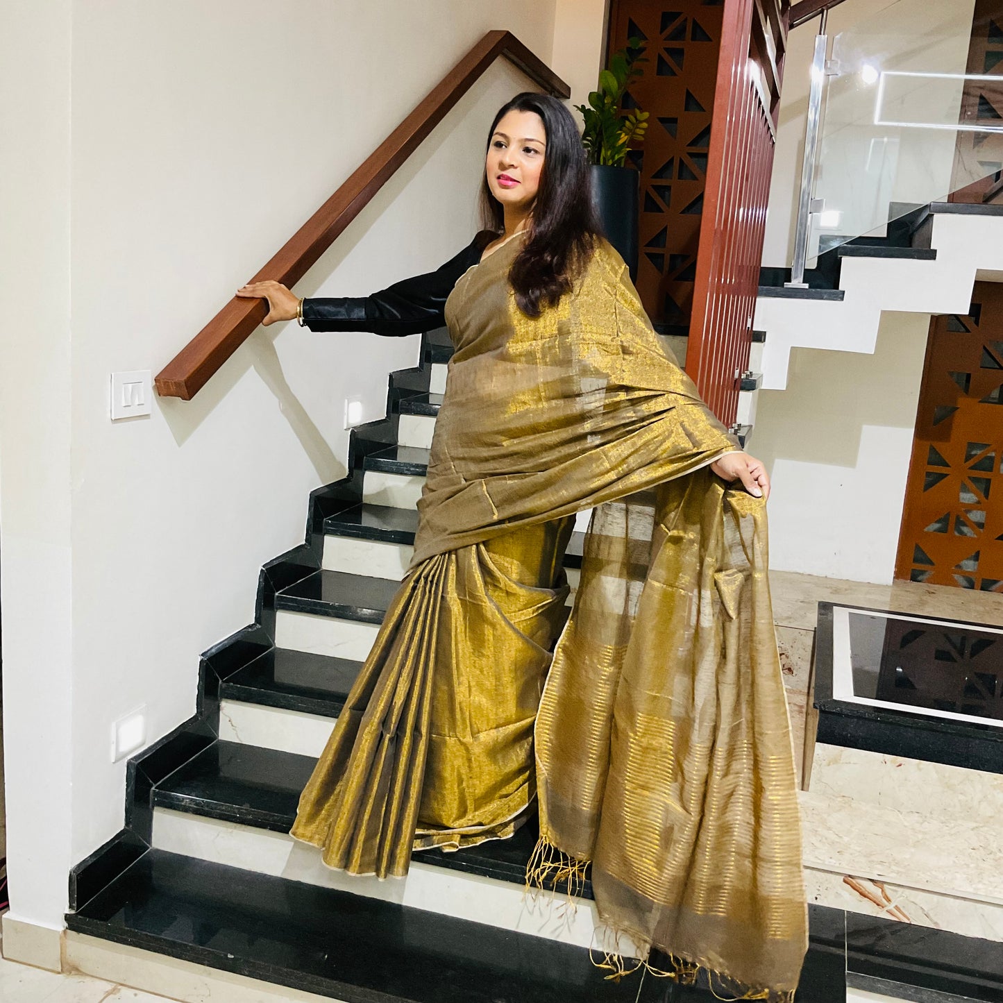 Linen tissue saree- copper gold colour