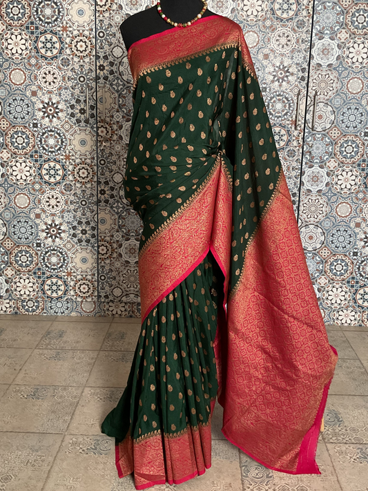 Banarasi crepe georgette Saree(Green with pink border)