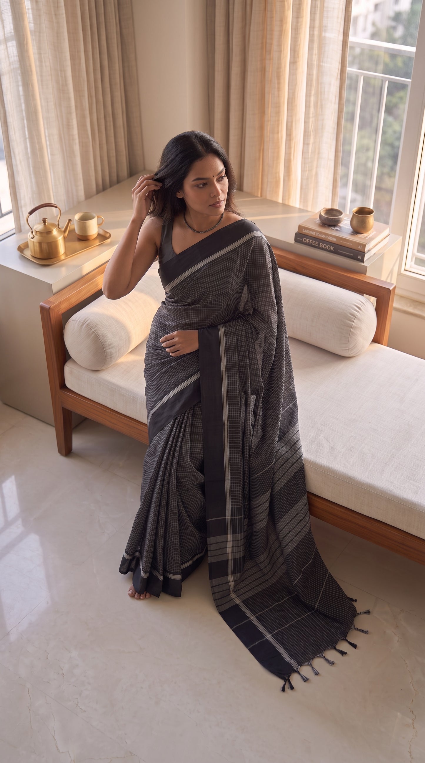 Black Checks Pattedanchu Cotton Saree