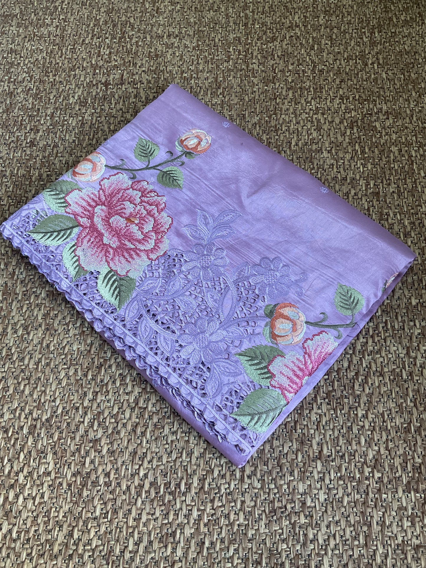 Pure Raw silk with Korean machine embroidery(Lavender)