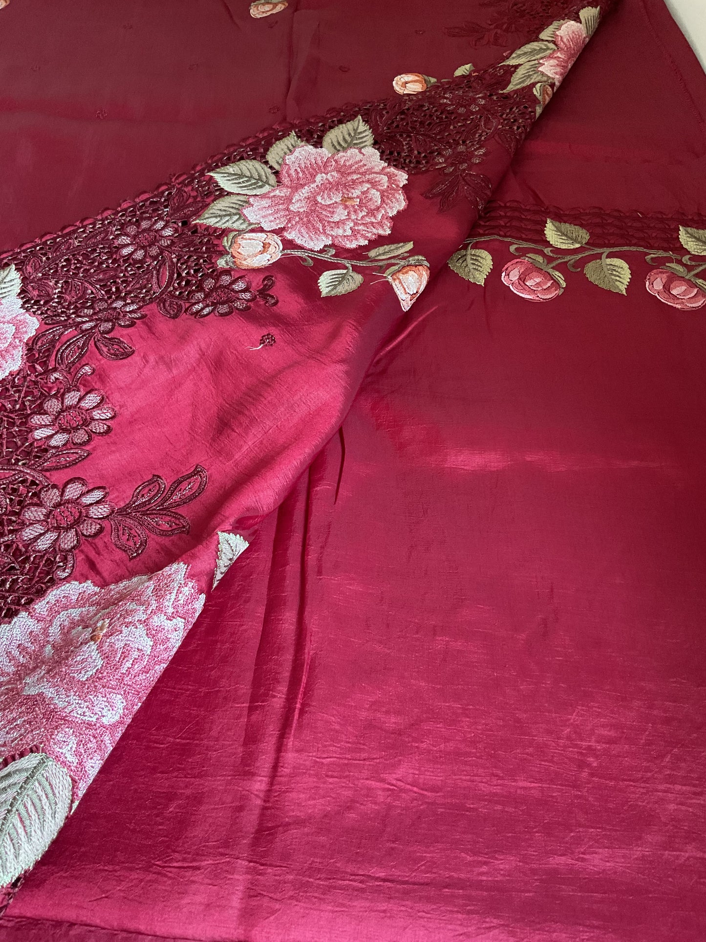 Pure Raw silk with Korean machine embroidery(Deep wine Red saree)