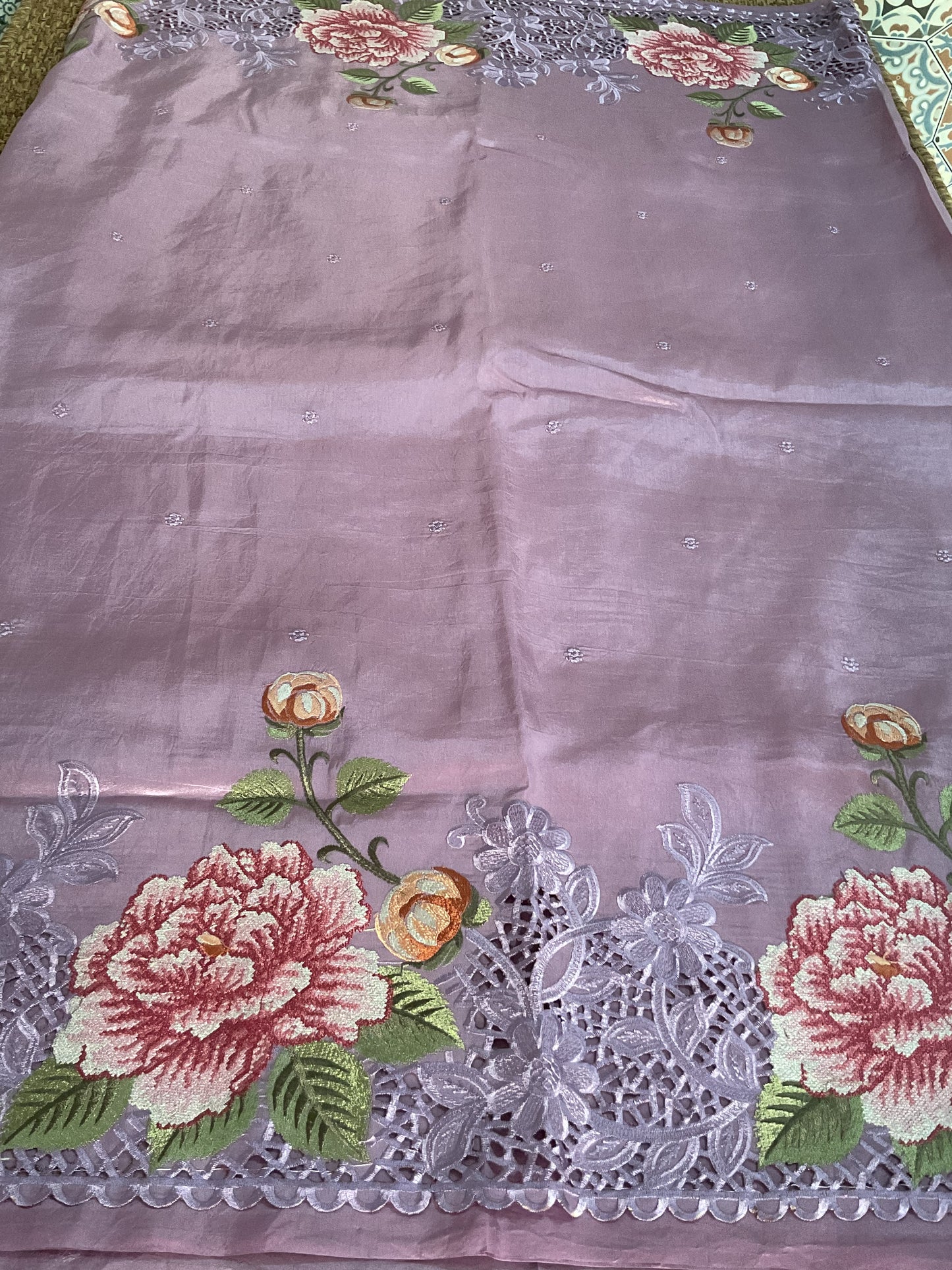 Pure Raw silk with Korean machine embroidery(Lavender)
