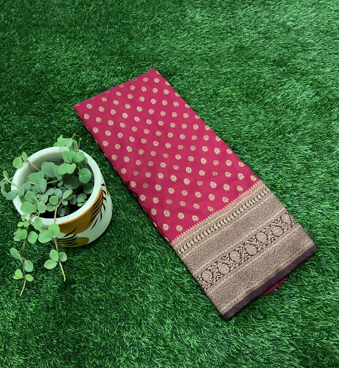 Dark pink with brown border Banarasi crepe georgette saree