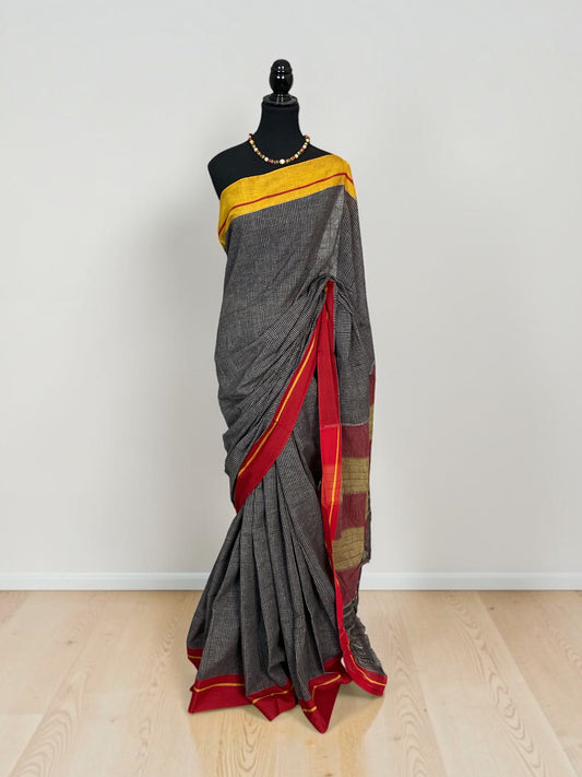 Pure Handloom Pattedanchu Cotton Saree – Black Checks with Traditional Red Pallu