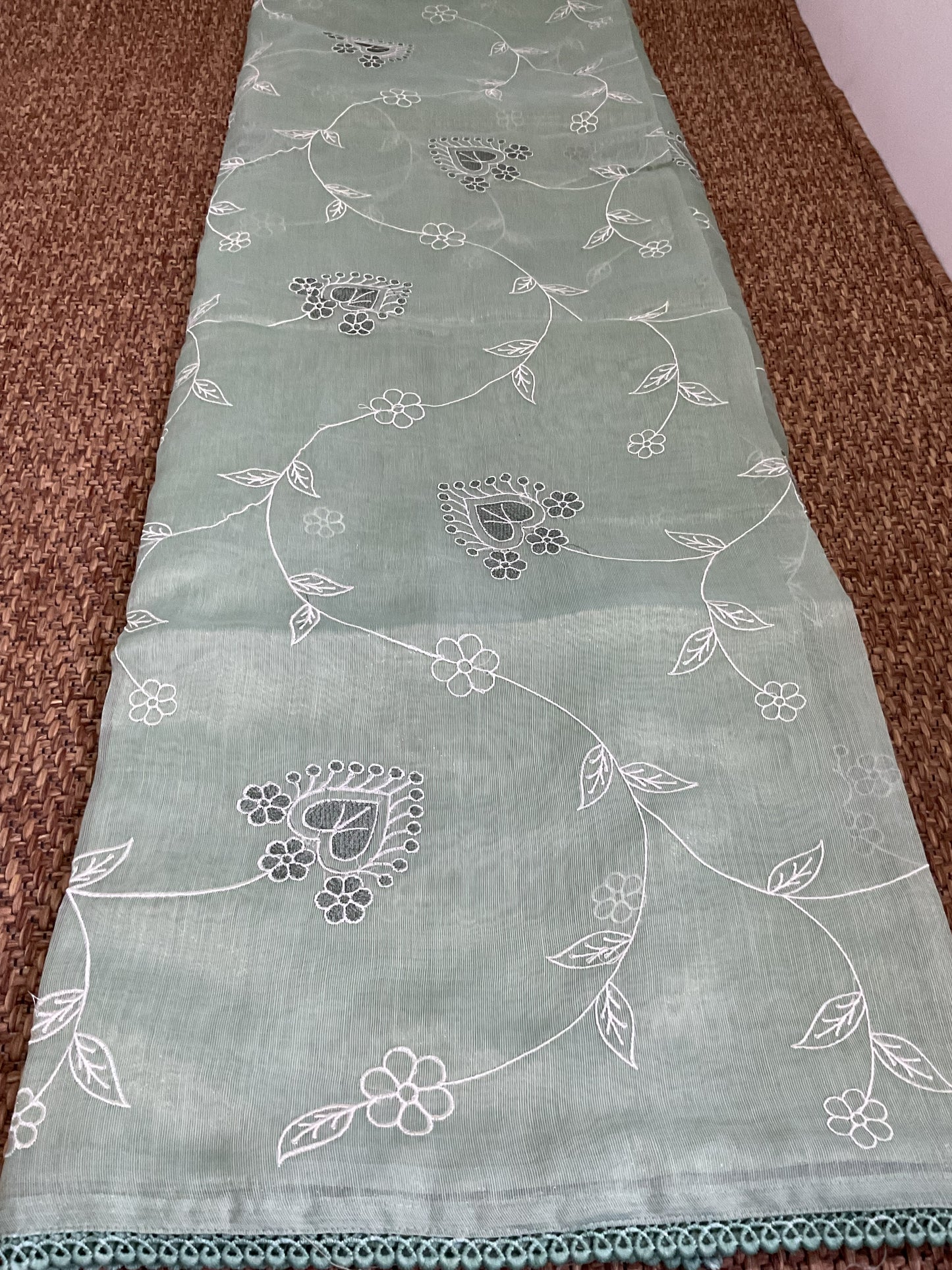 Fancy cotton Tissue saree with embroidery(Mint Green)