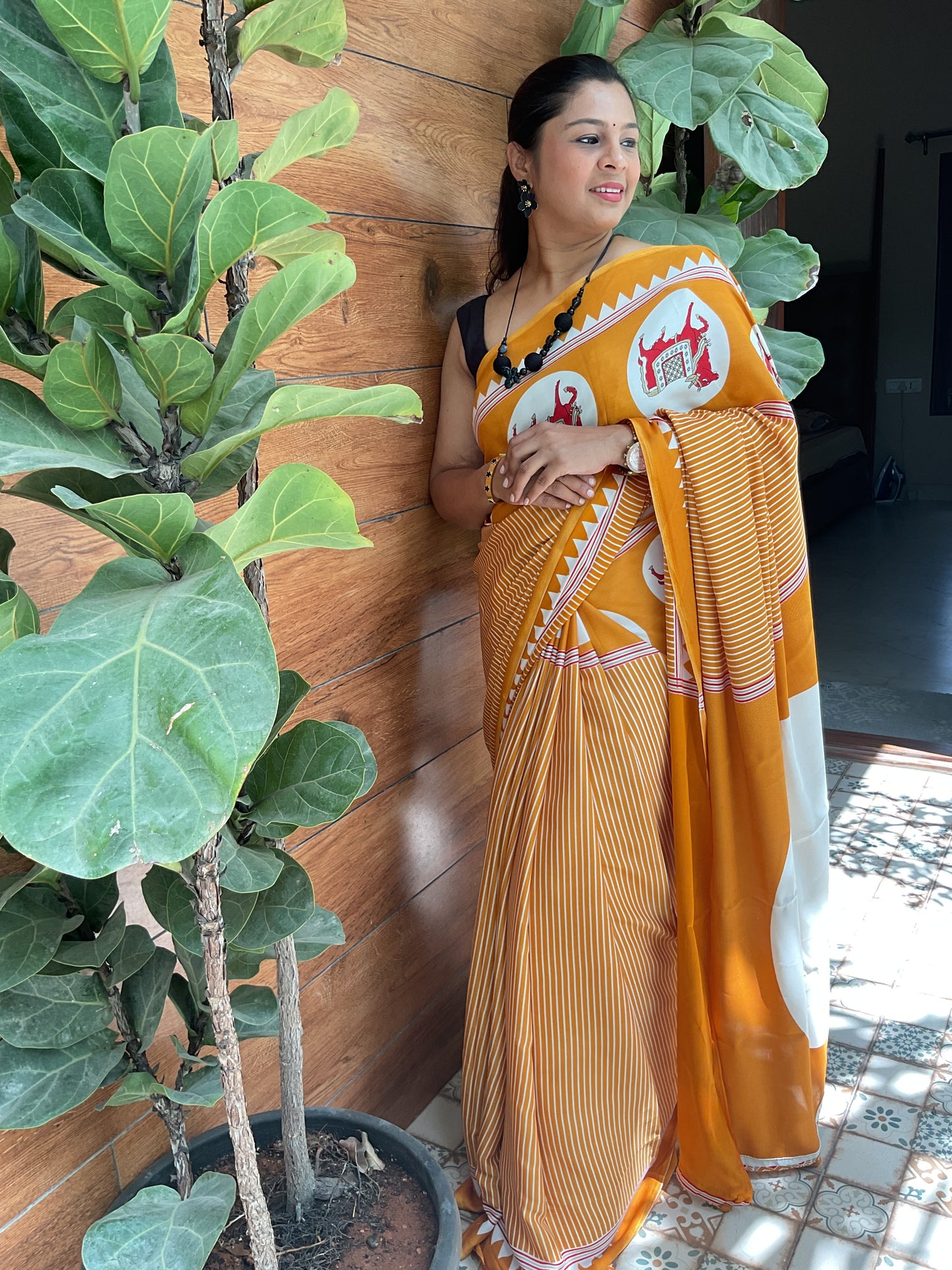 Mustard Yellow Ajrakh Dola Silk Saree