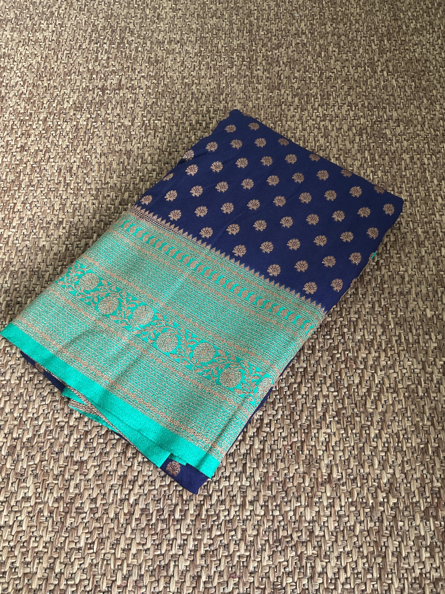 Banarasi crepe silk Saree (Navy blue with Mint Green Zari Border)