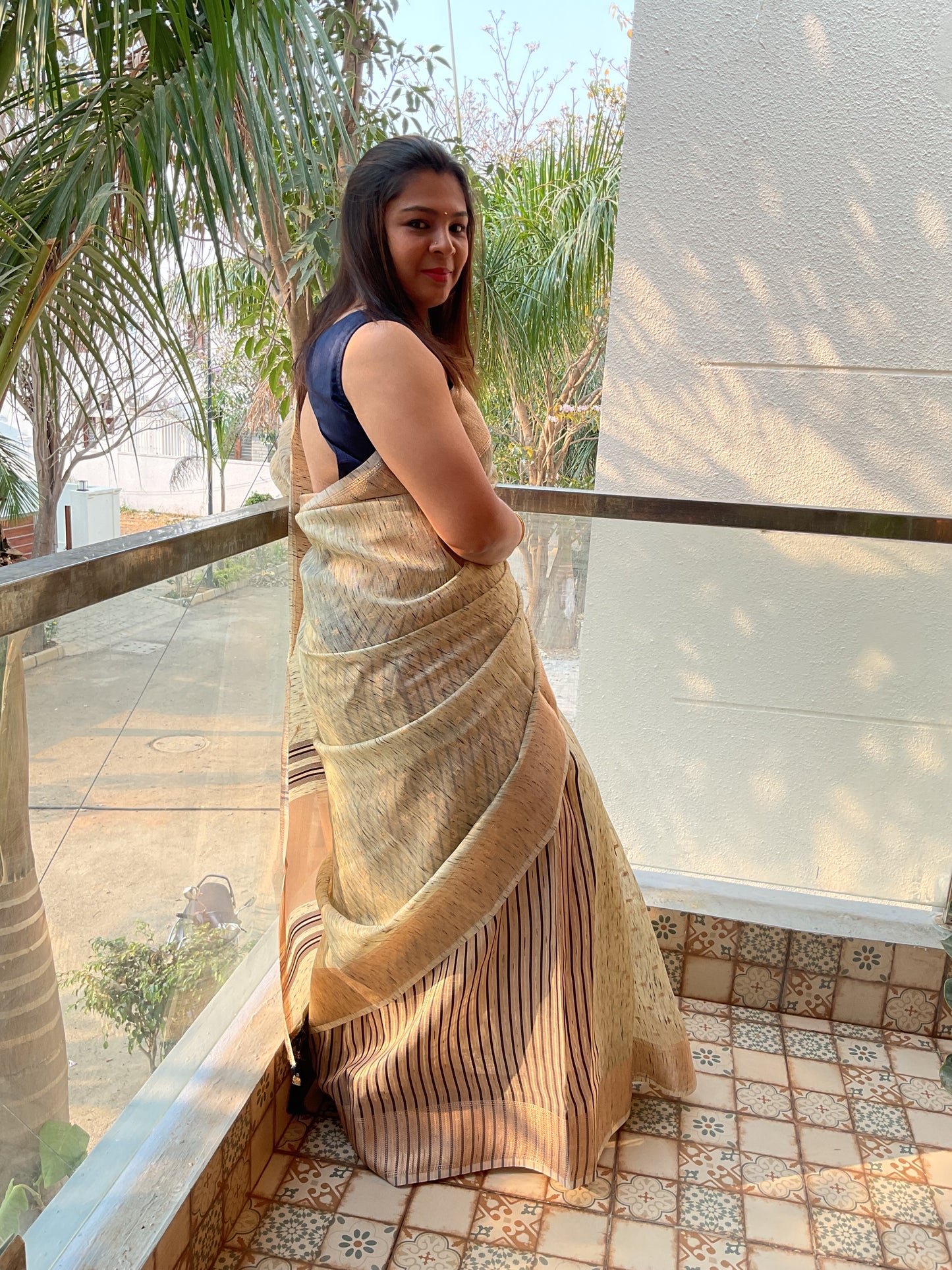 Cotton Linen saree(cream with blue)