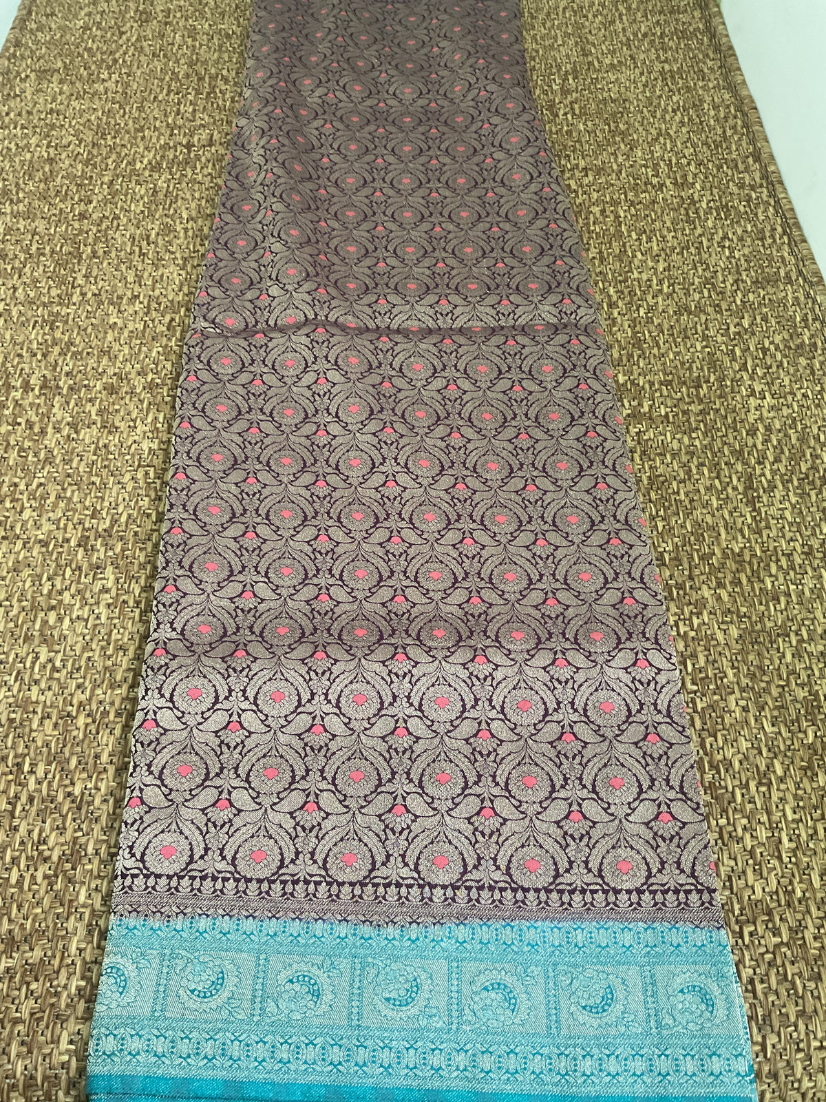 Wrinkle Crepe Saree-Turquoise Blue & Plum 🩵💜