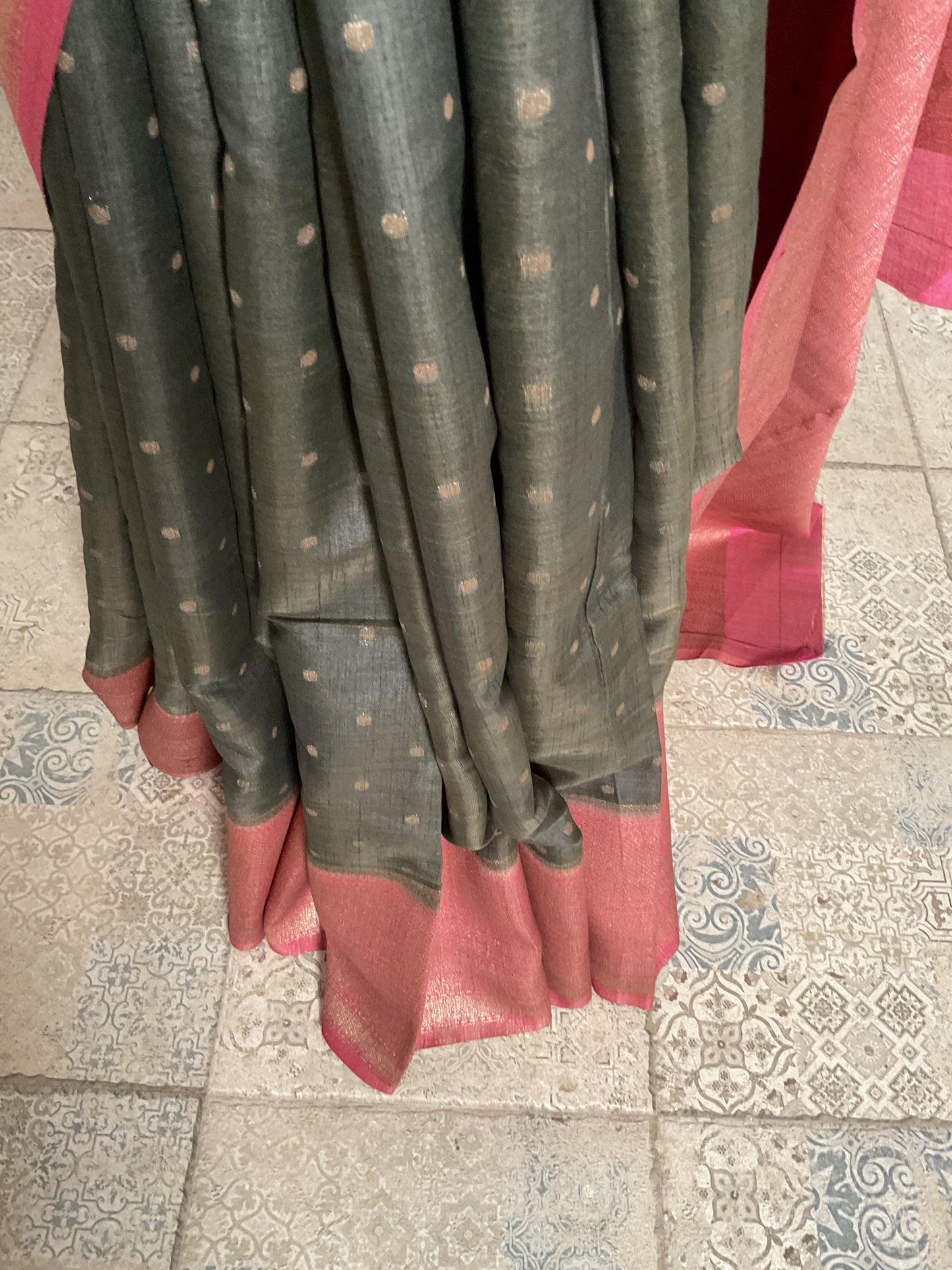 Tussar saree with Pink border (charcoal grey)