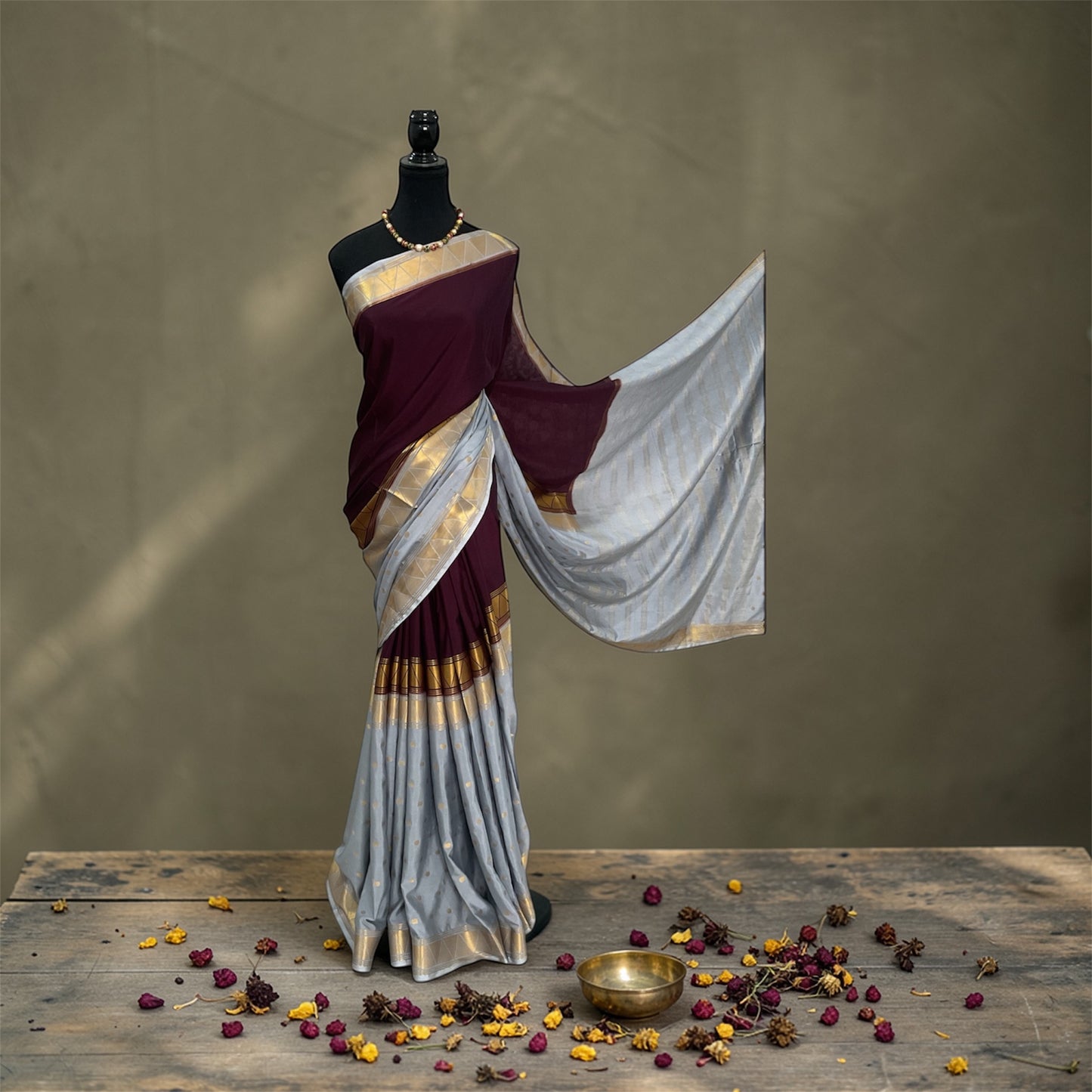 Semi Mysore silk saree(Deep wine with grey)