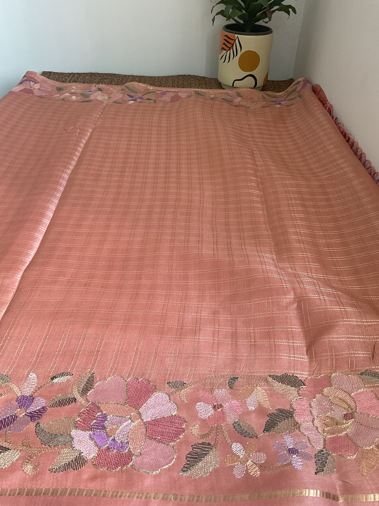 Fancy Viscose saree-(Peach machine embroidery)