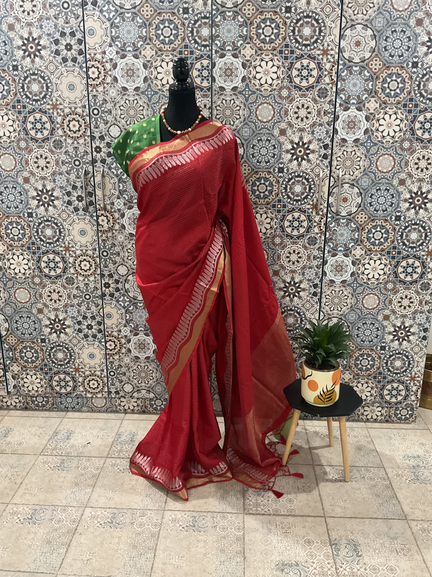 Red Dola silk stripes saree