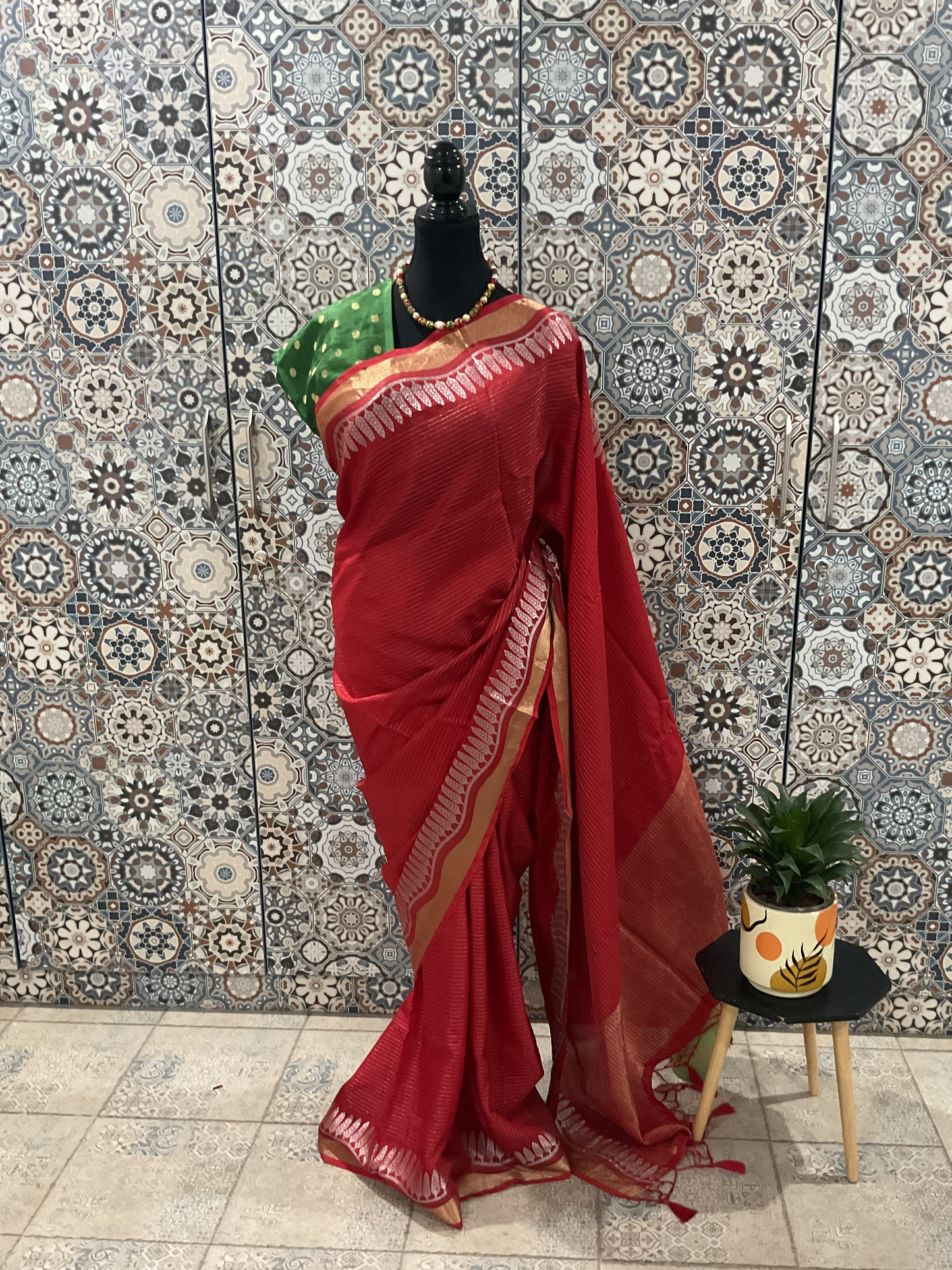 Red Dola silk stripes saree