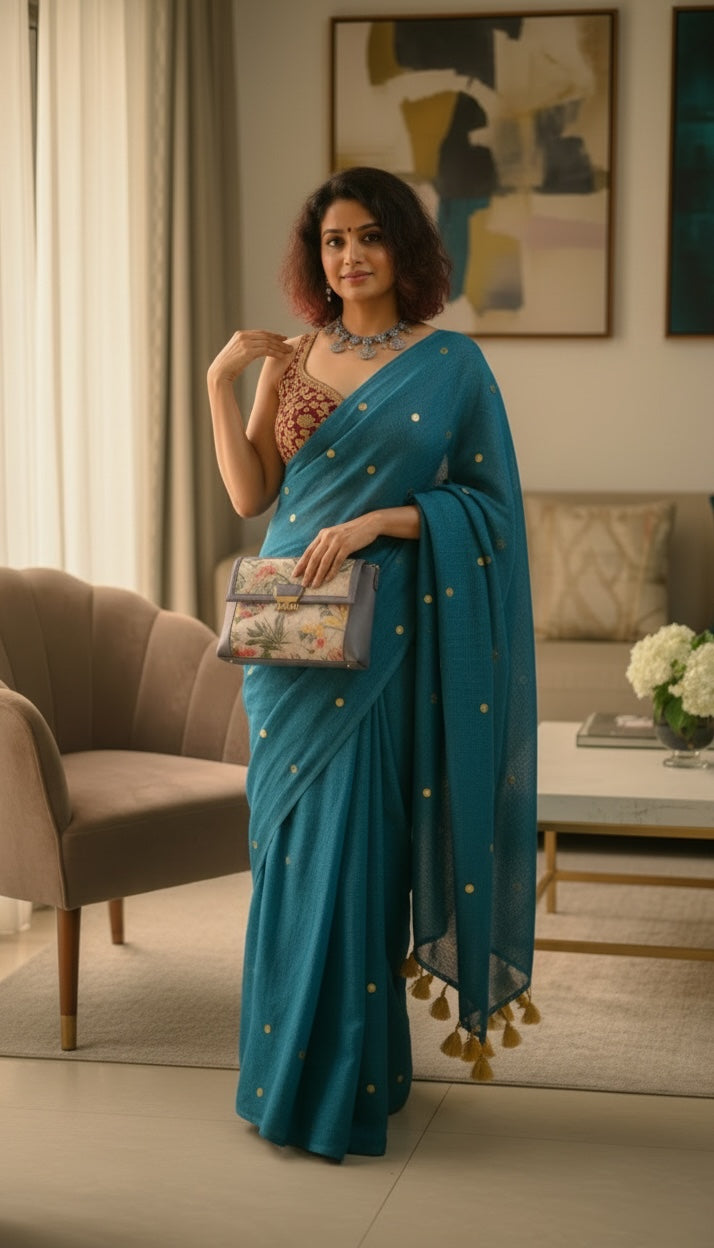 Gini Mul cotton saree(Teal blue)