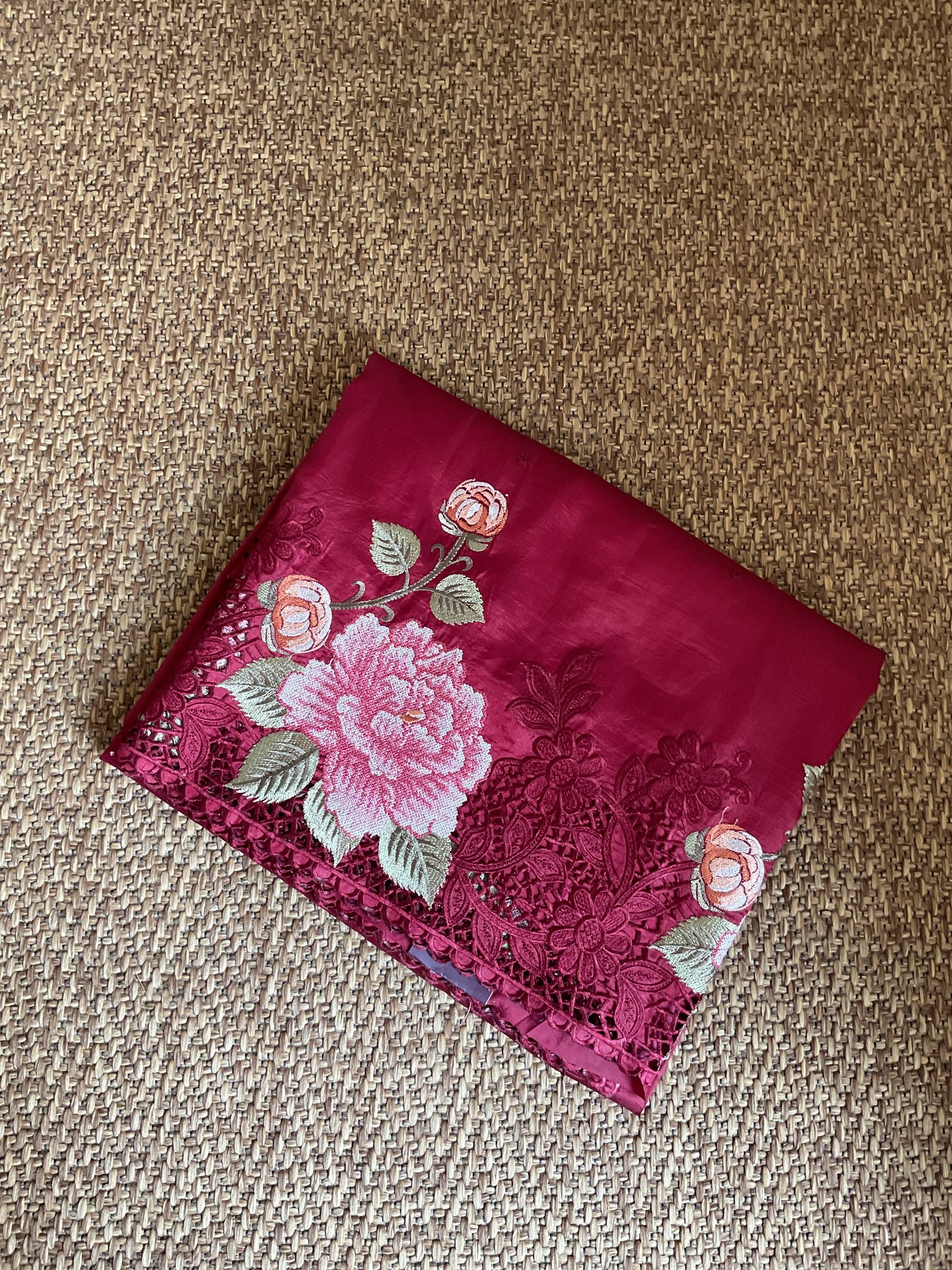 Pure Raw silk with Korean machine embroidery(Deep wine Red saree)