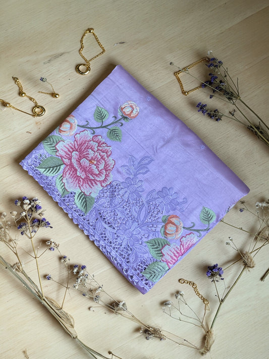 Pure Raw silk with Korean machine embroidery(Lavender)