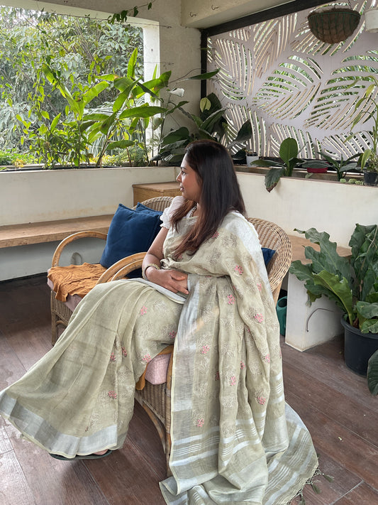Linen saree with Kantha embroidery(Sage green)