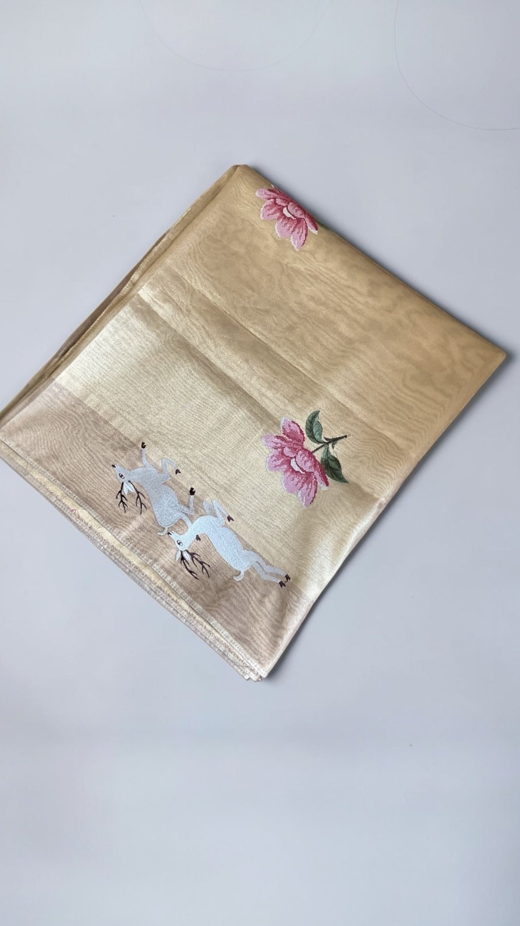 Designer Pure Kora Tissue saree with deer Embroidery border(Golden)