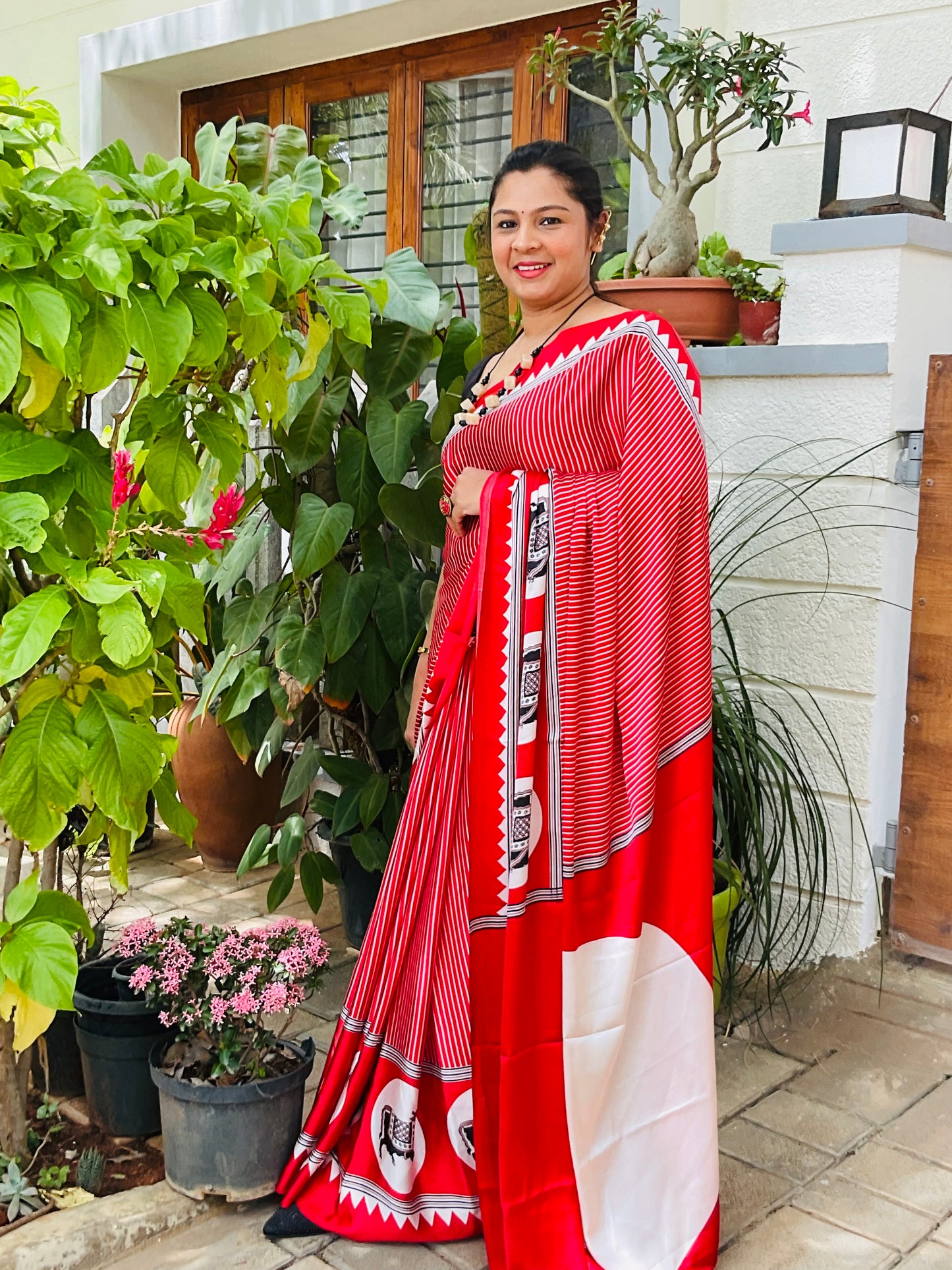 Red Ajrakh Dola Silk Saree